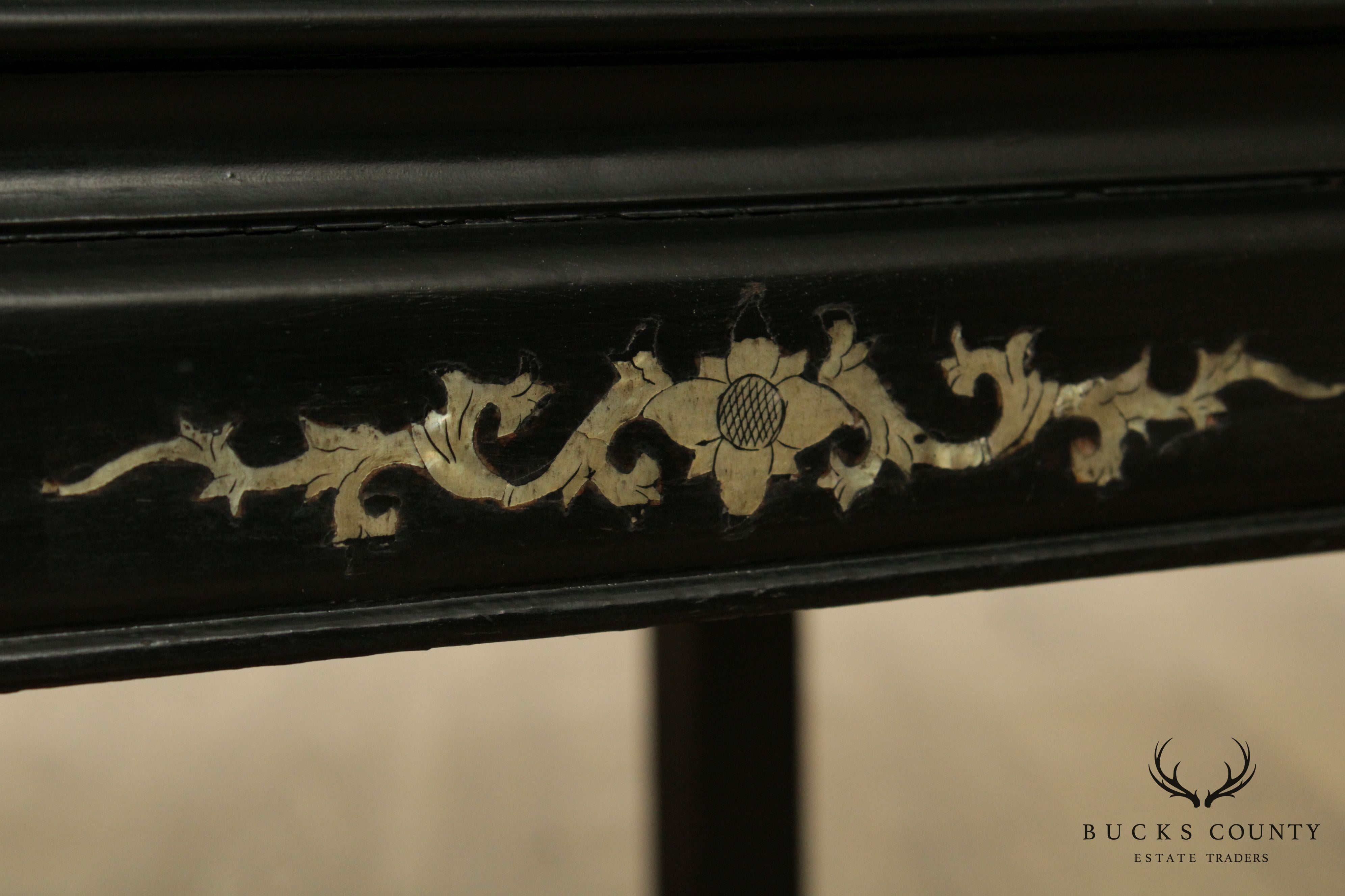 Vintage Italian Black Lacquer & Mother of Pearl Inlaid Pair Armchairs