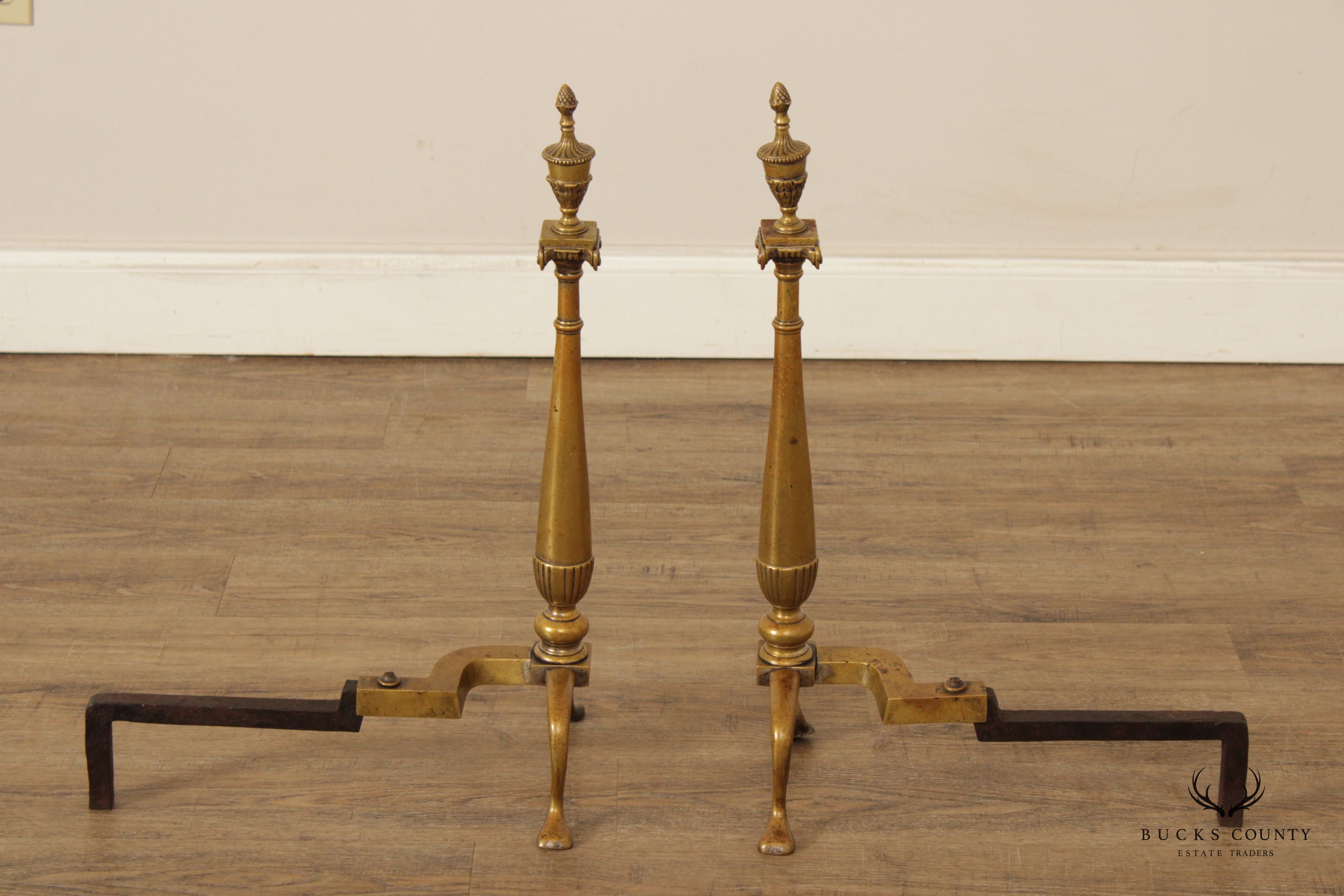 Federal Style Quality Pair of Brass Fireplace Andirons