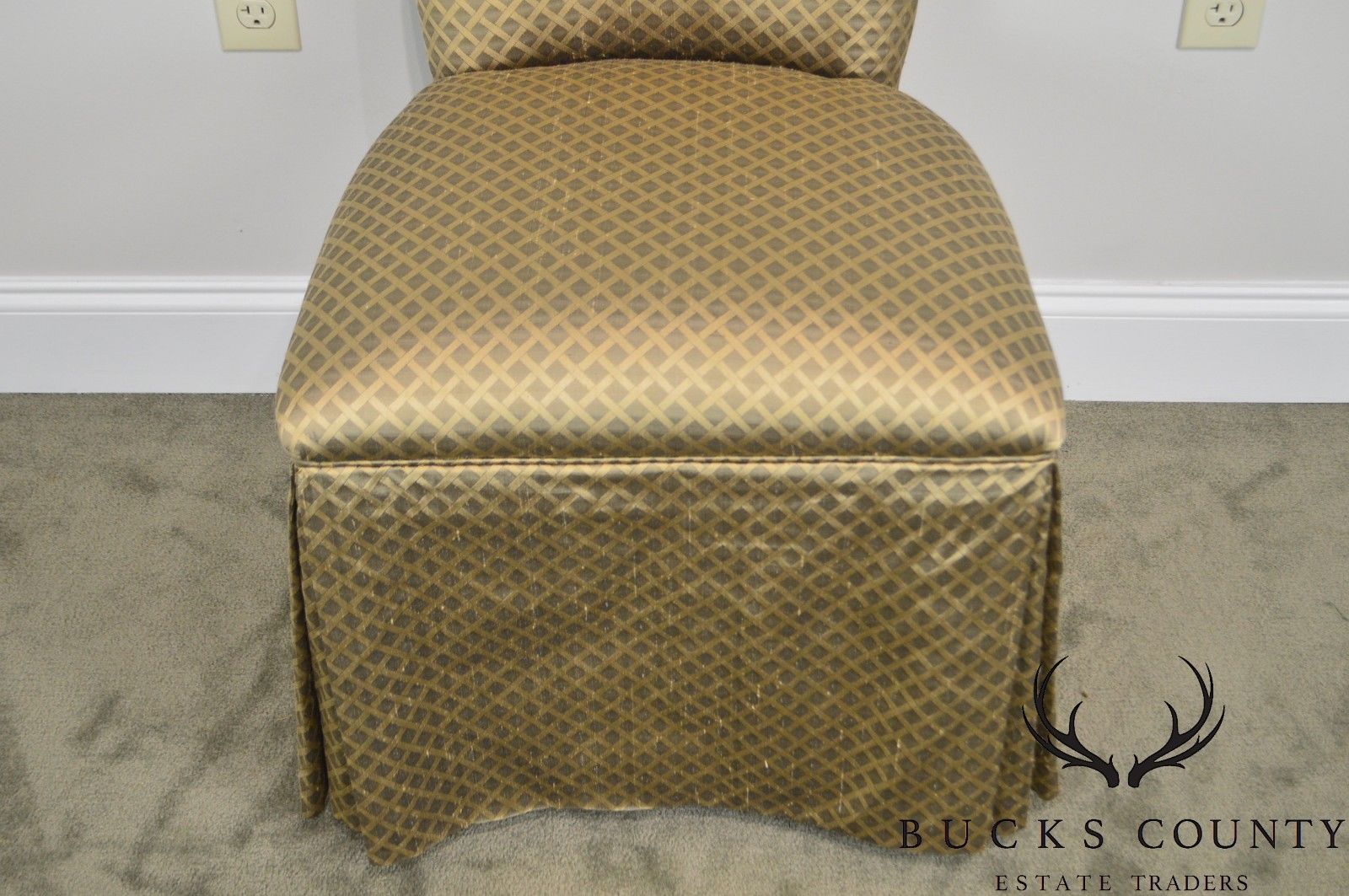 Custom Pair of Catania Dobby Lattice Silk Upholstered Boudoir Slipper Chairs