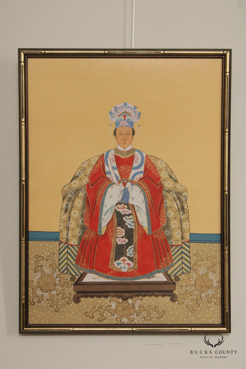 Vintage Chinese Emperor and Empress Watercolor Portraits on Silk