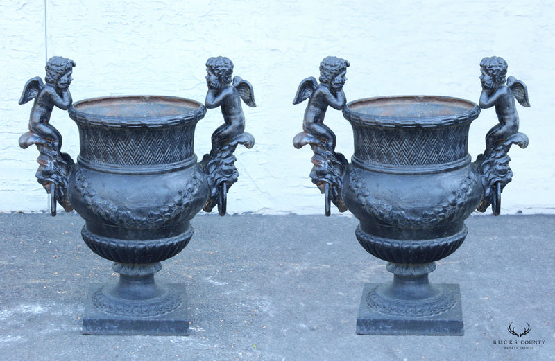 Quality Vintage Pair of Large Cast Iron Outdoor Garden Cherub Urns