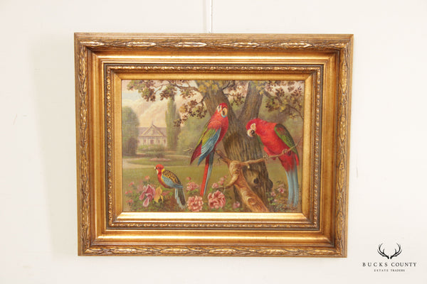 Late 20th C. Landscape with Parrots Original Oil Painting, Custom Framed