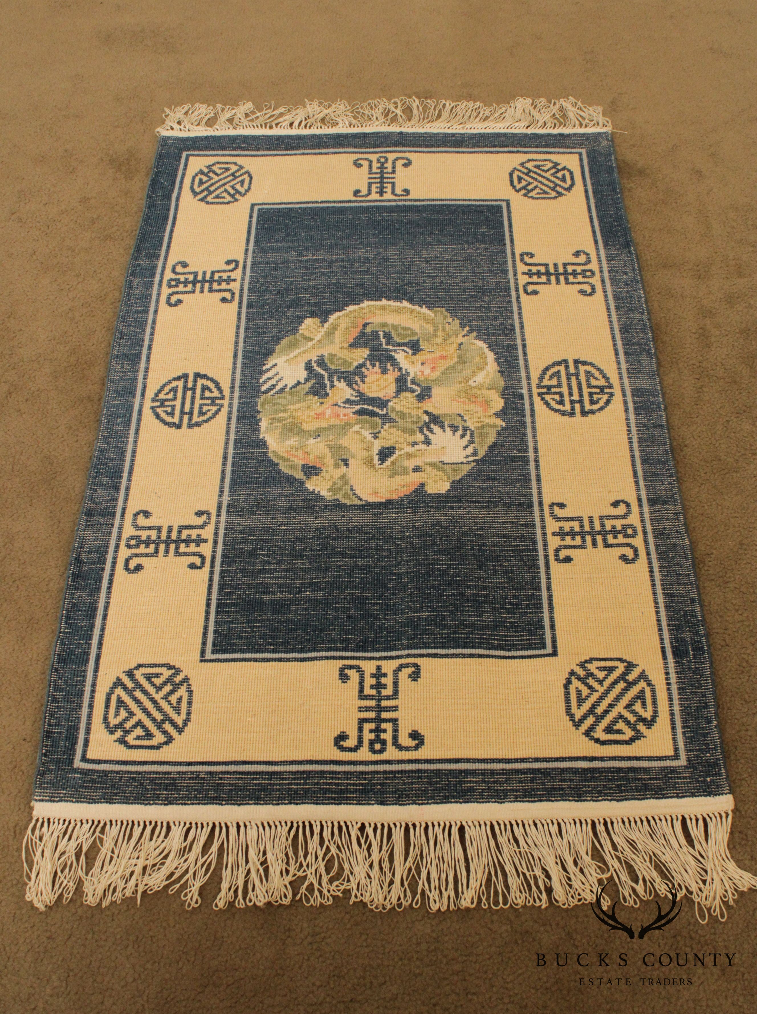 Quality 1970's Chinese Art Deco Style Dragon & Shou Design Blue Throw Rug