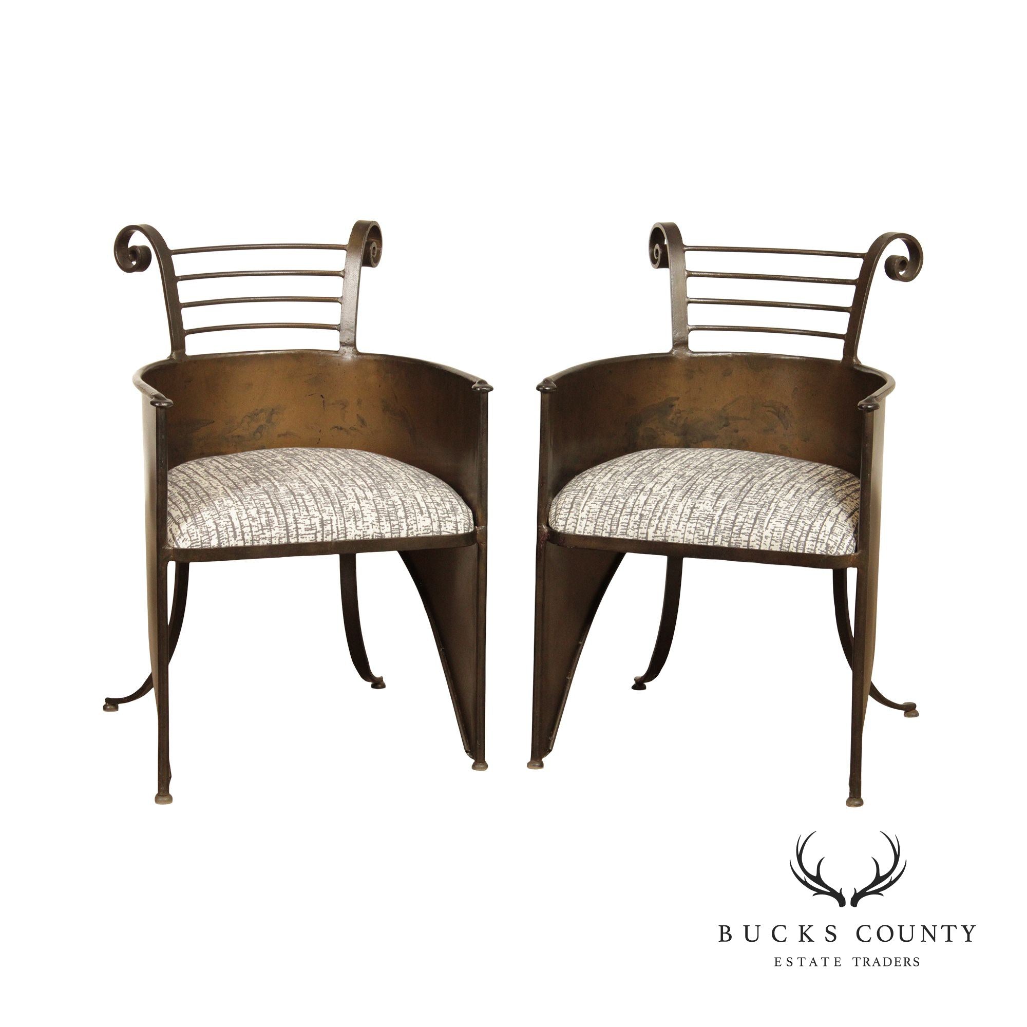 French Industrial Style Custom Pair of Wrought Iron Barrel Chairs