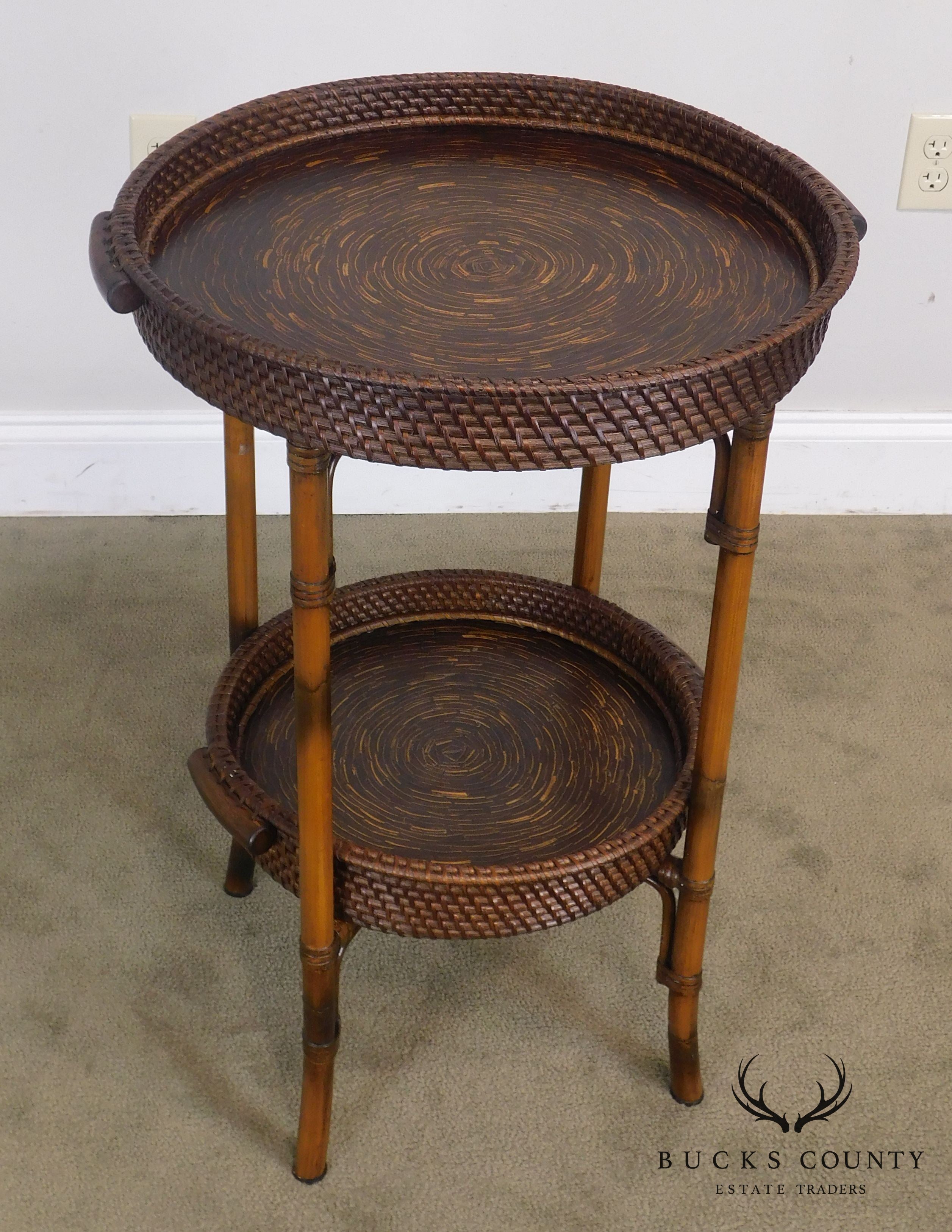 Faux Bamboo Metal & Rattan Round 2 Tier Tray Table