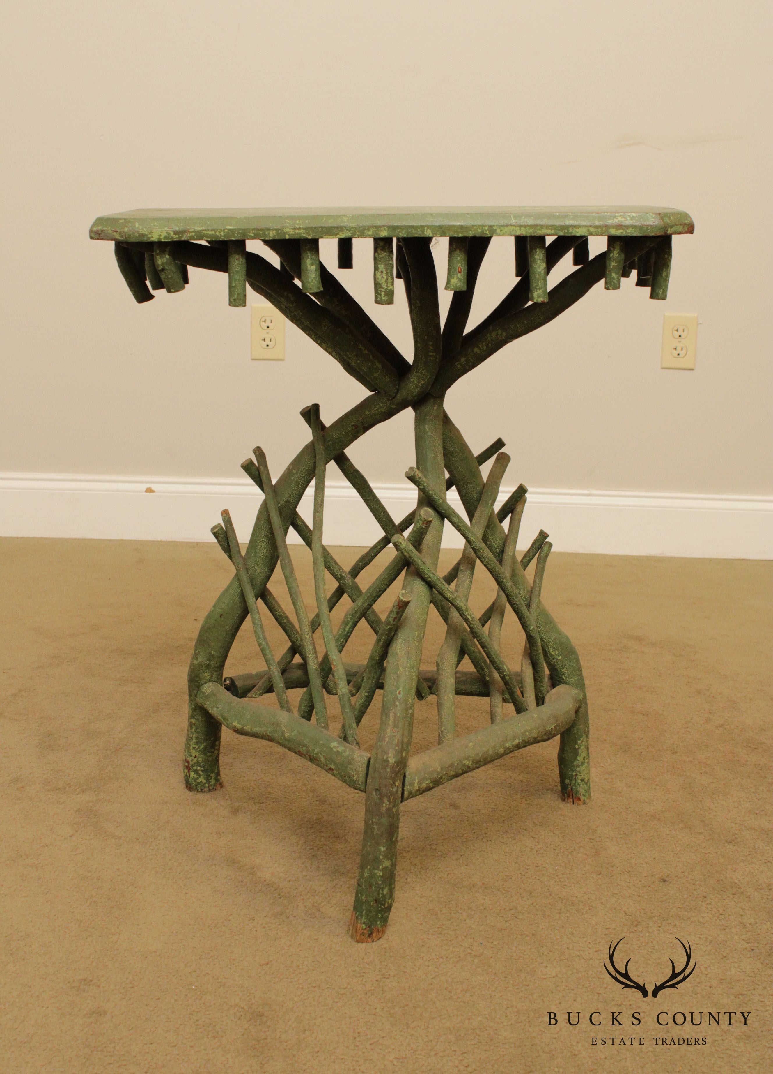 Antique Hickory Twig Green Painted Side Table