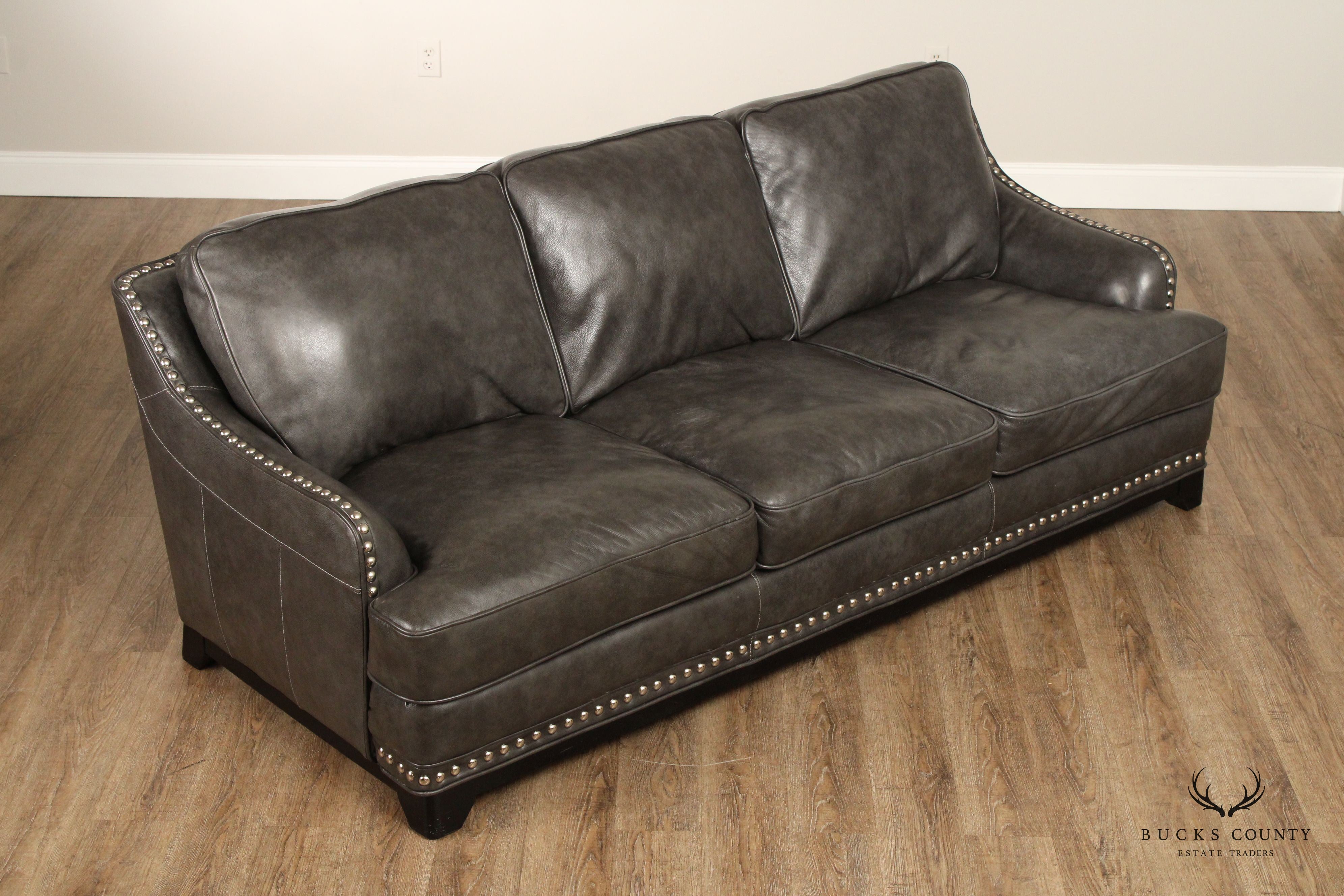 Quality Grey Leather Three Seat Nailhead Sofa