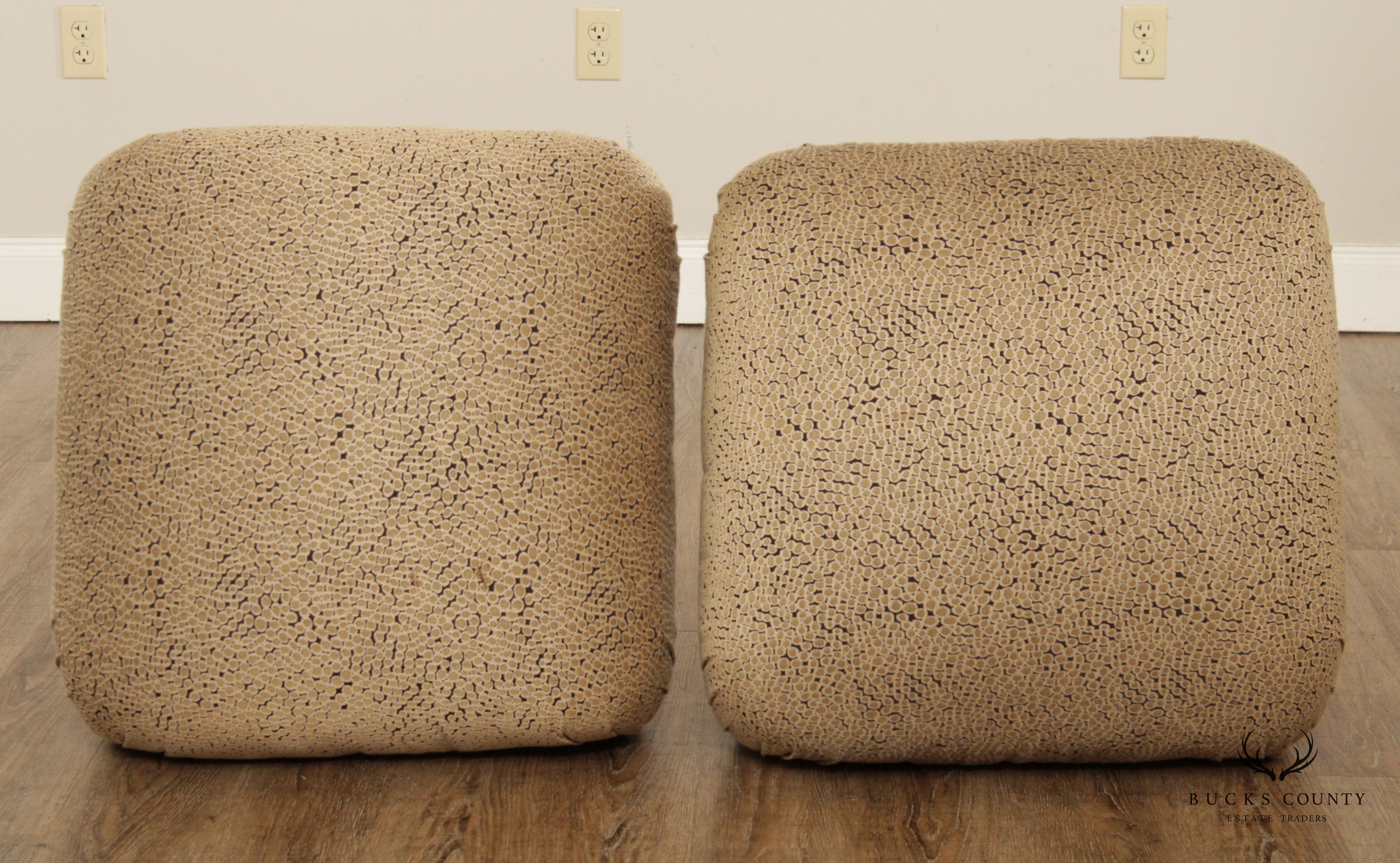 Hollywood Regency Pair Custom Upholstered Brass Ottomans