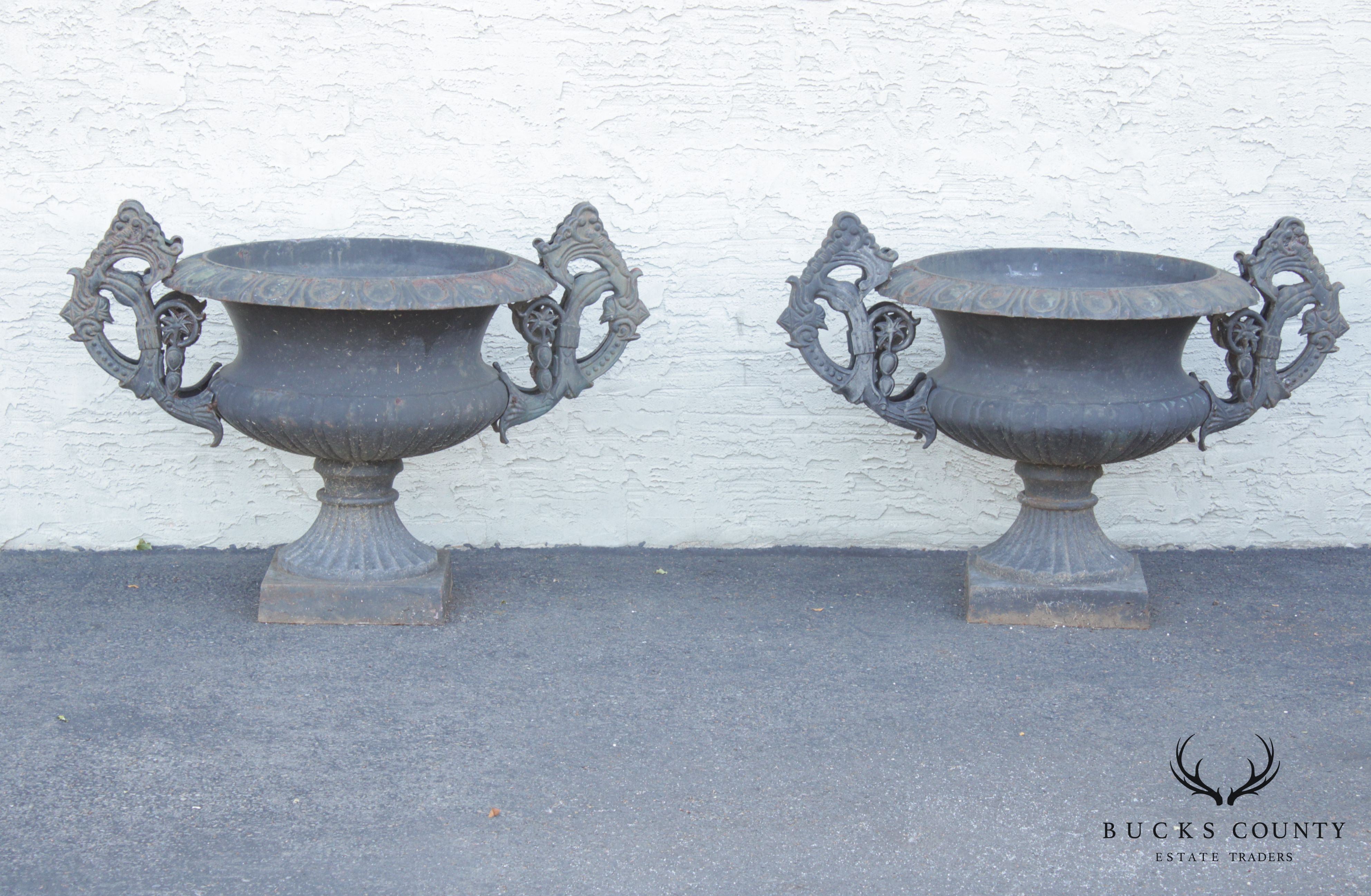 Large Vintage Pair Cast Iron Garden Urns