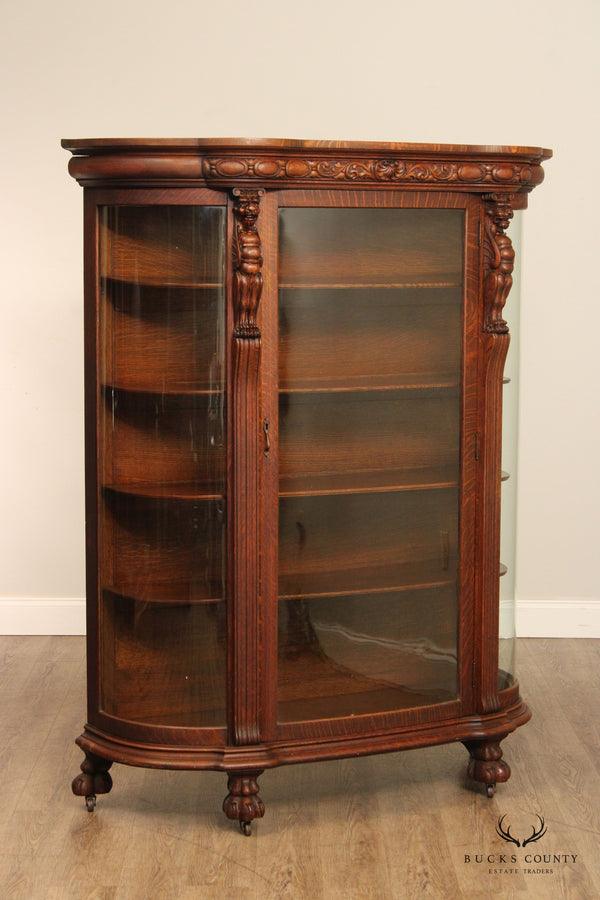 Antique 19th C. Victorian Carved Oak Bowed Glass Curio China Cabinet