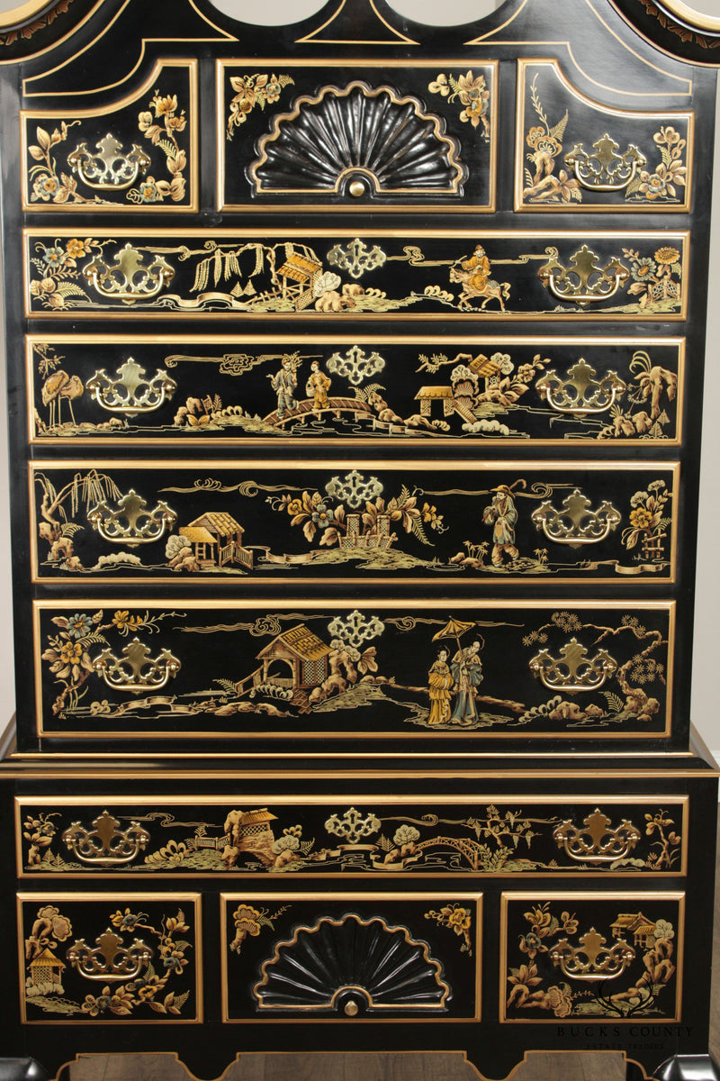 Drexel Heritage Black Lacquered Chinoiserie Paint Decorated Highboy