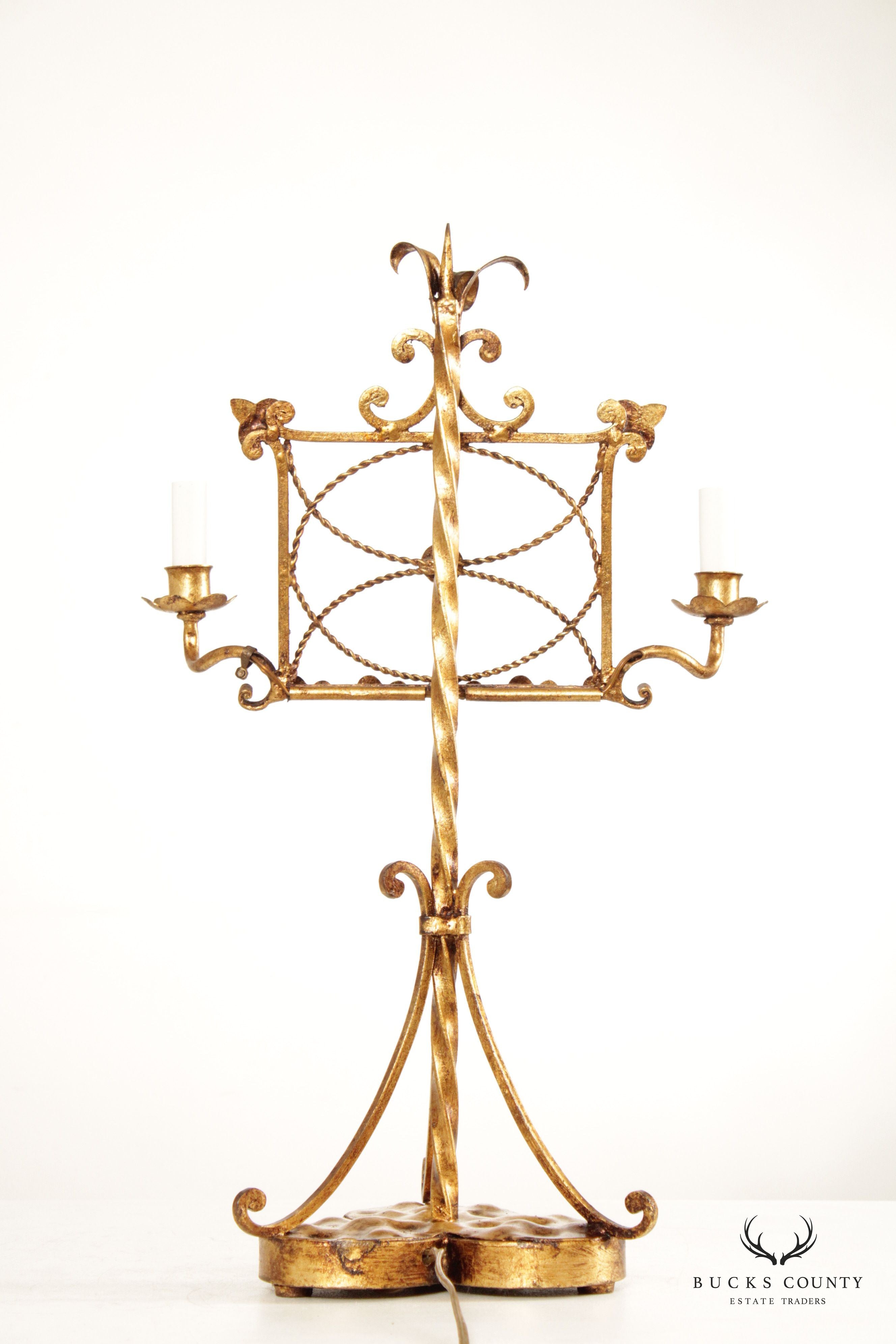 Vintage Italian Gilt Metal Candelabra Lamp Music Stand