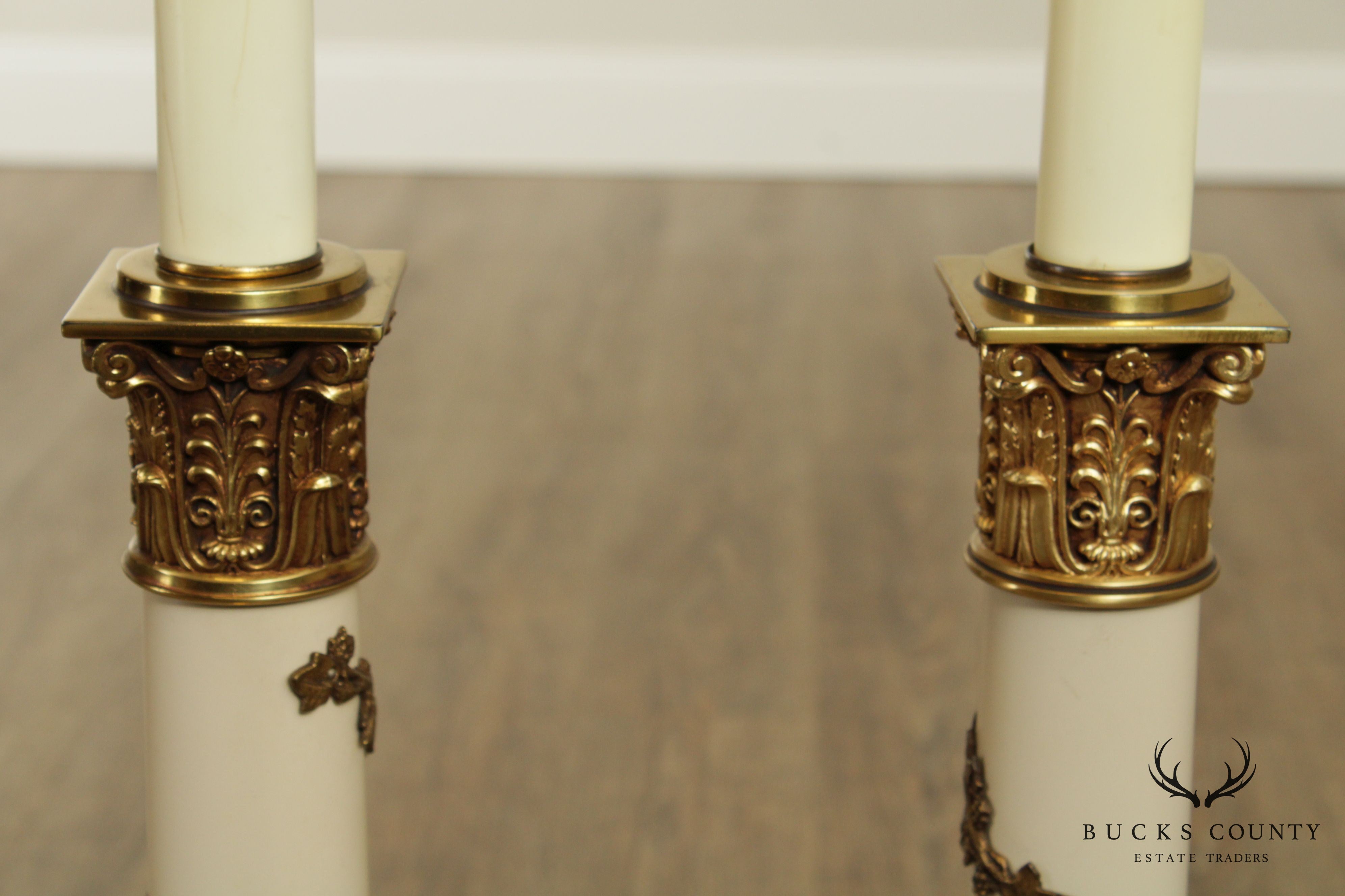 Stiffel Neo-Classical Style Pair Ivory Lacquered And Brass Column Table Lamps