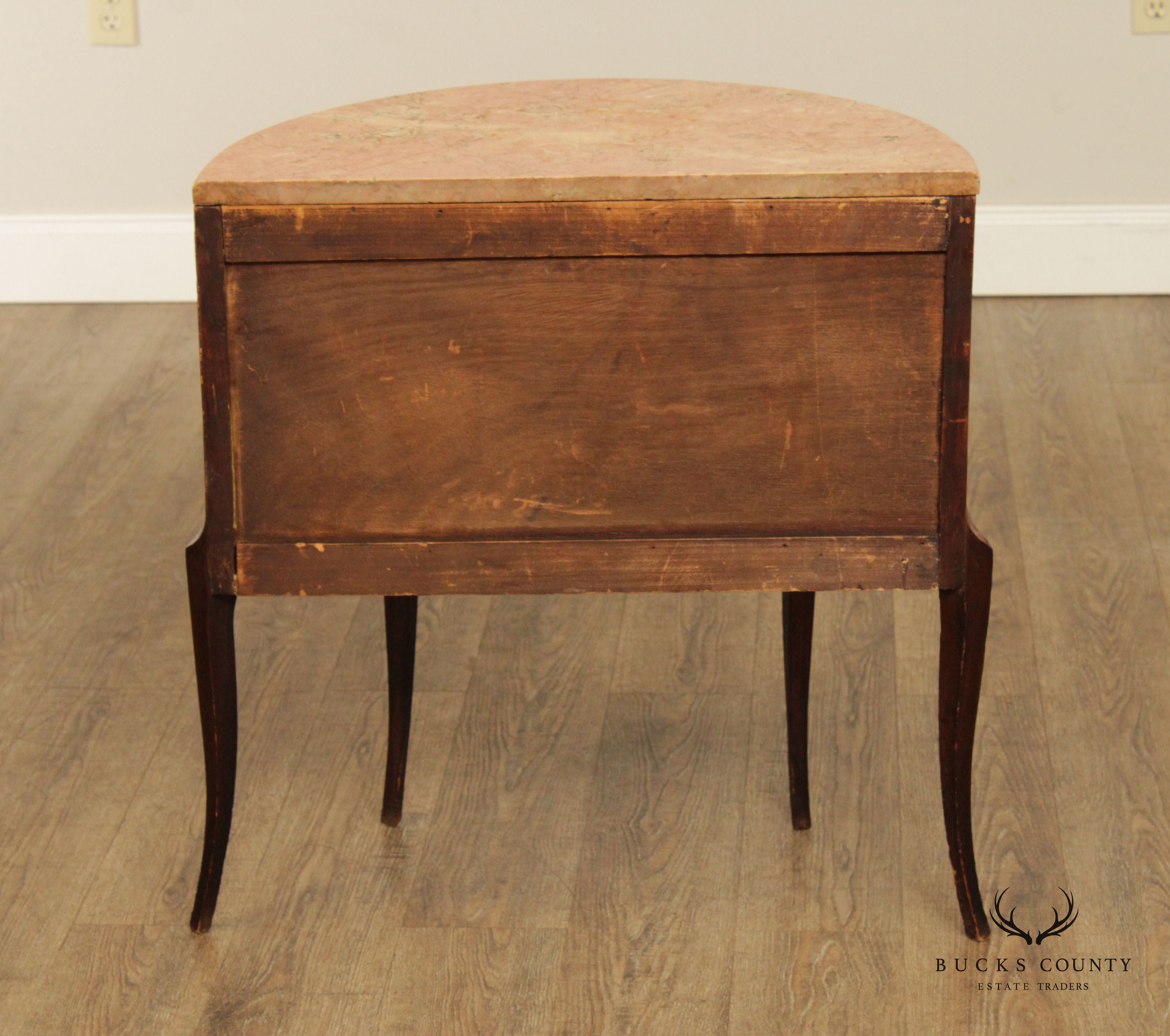 Antique French Louis XV Style Oak and Burlwood Marble Top Commode