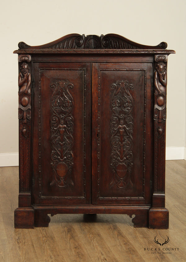 19th Century Antique Renaissance Revival Carved Oak Corner Cabinet
