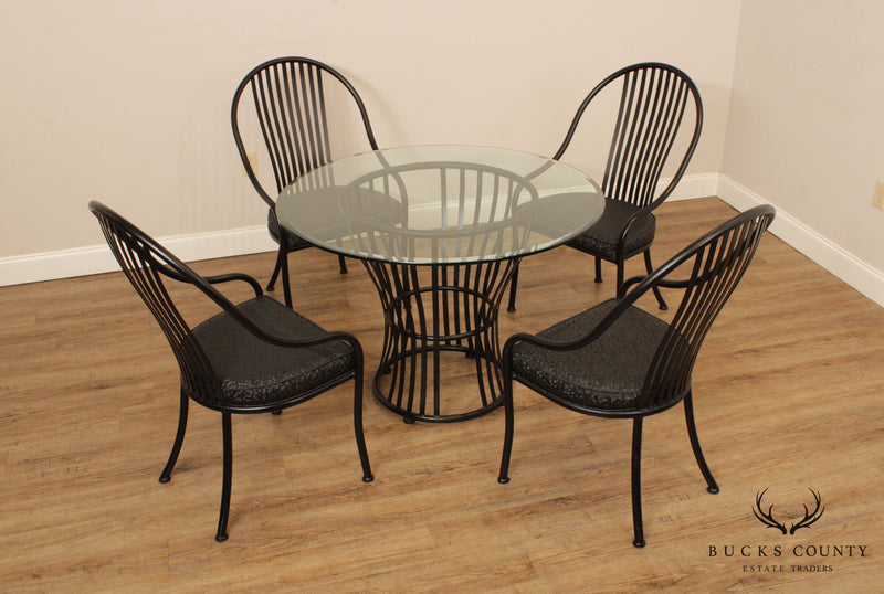 Johnston Casuals Postmodern Wrought Iron Round Glass Top Dining Table, 4 Chairs Set