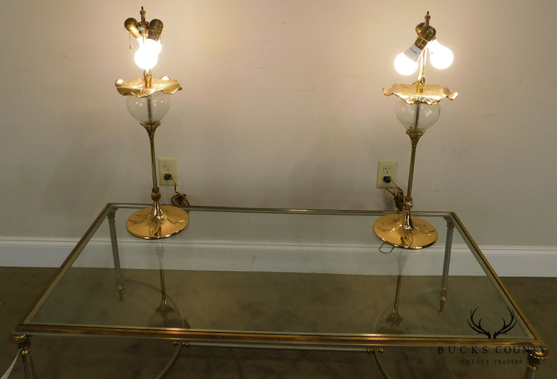 Vintage Pair of Quoizel Brass and Glass Foliate Table Lamps W/Shades