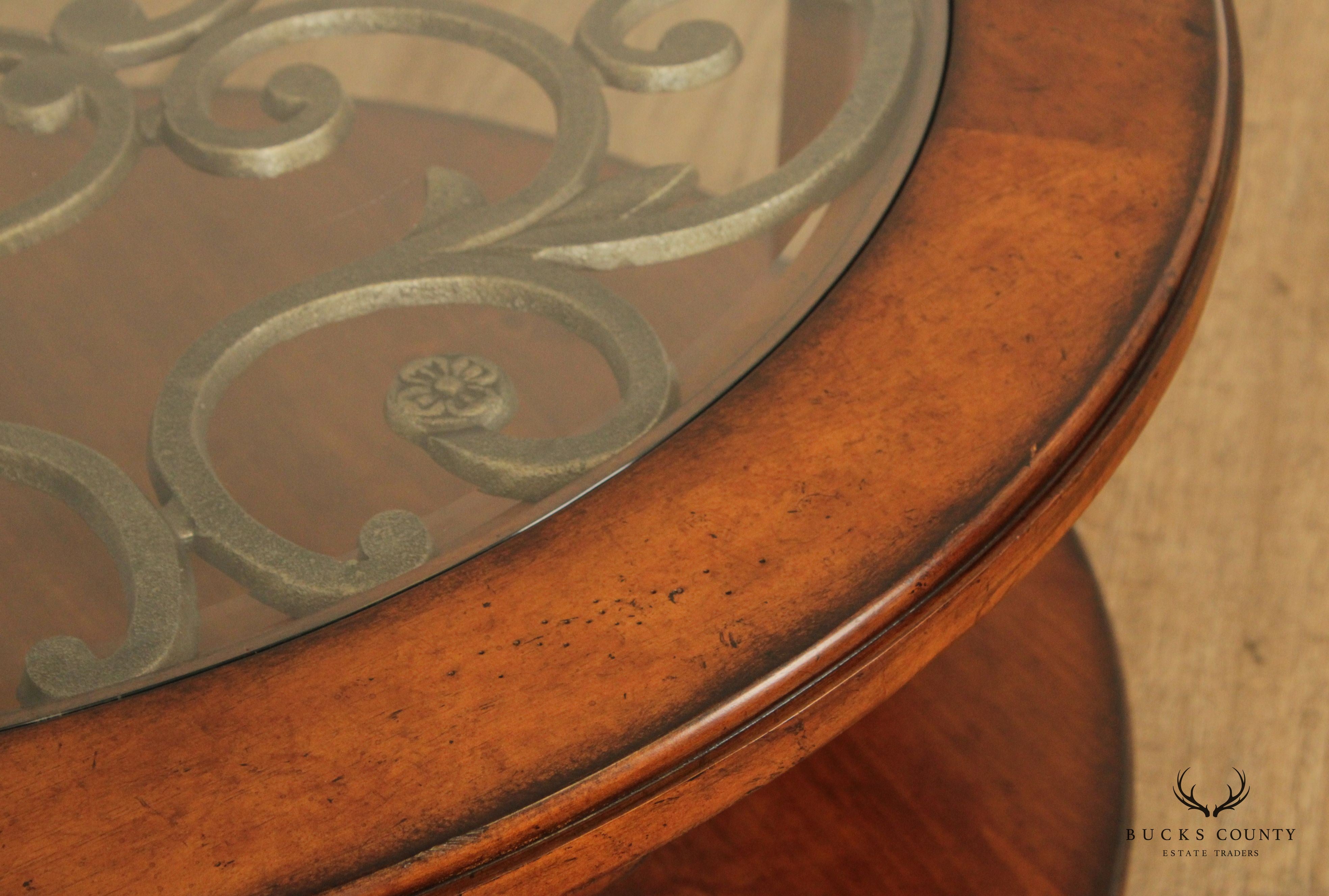 Rustic European Style Wood and Glass Top Iron Scroll Round Cocktail Table