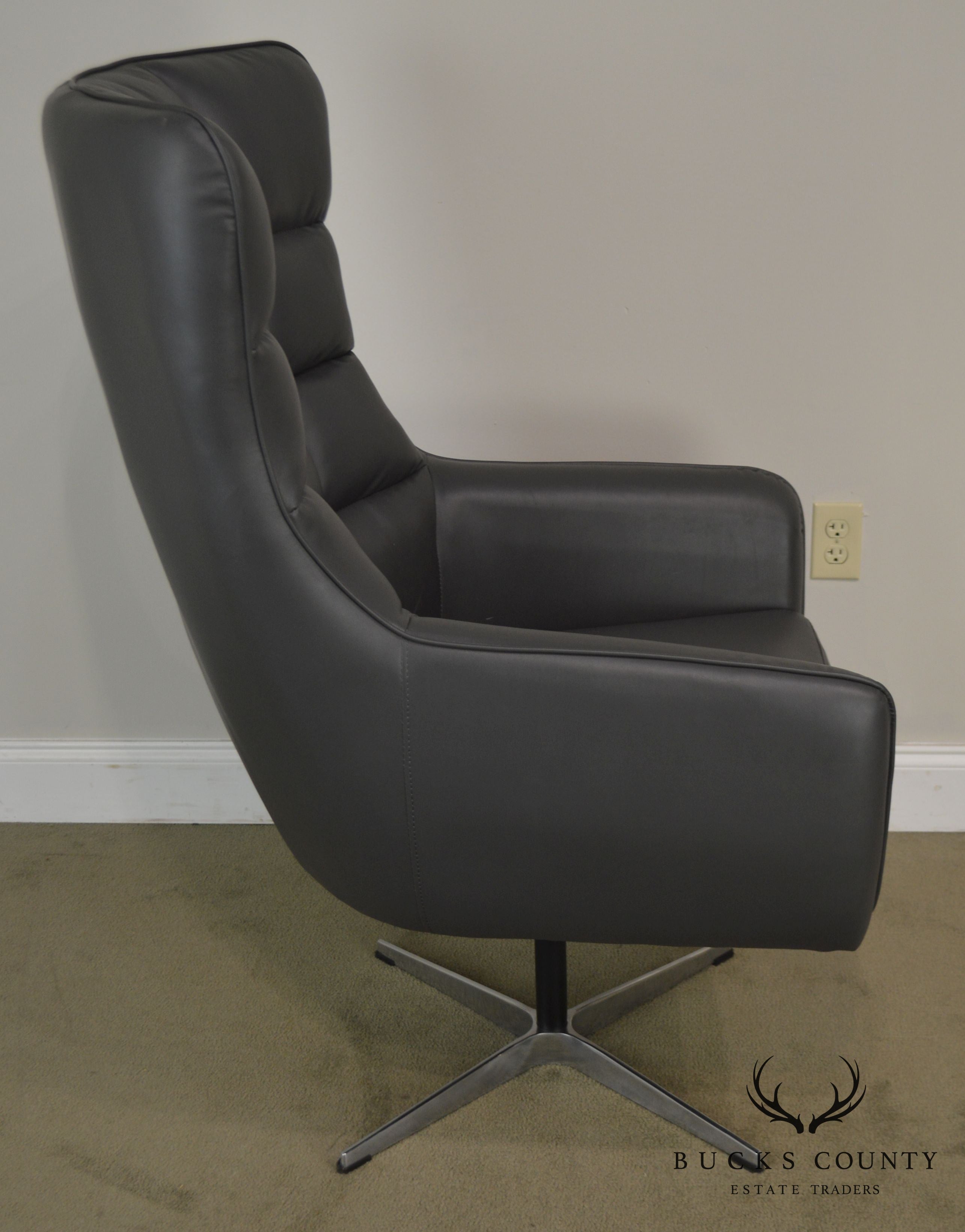 Mid Century Modern Style Grey Faux Leather Swivel Chrome Base Chair