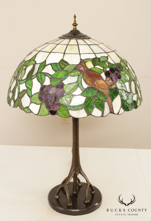 Art Nouveau Style Bronzed Tree Lamp with Art Glass Shade
