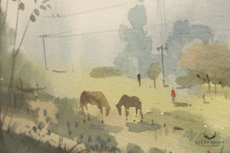 Pastoral Farm Landscape Watercolor Painting, Signed