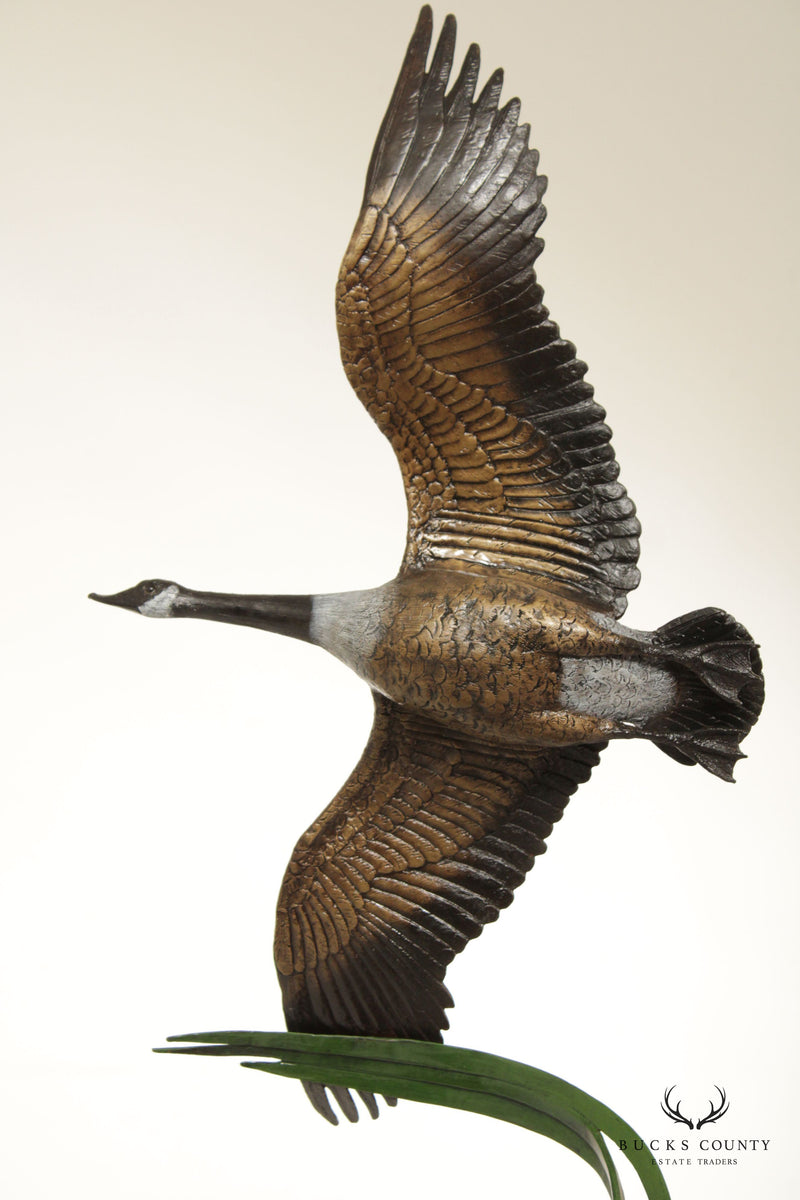 Wally Shoop 'Due North' Canadian Goose Bronze Sculpture
