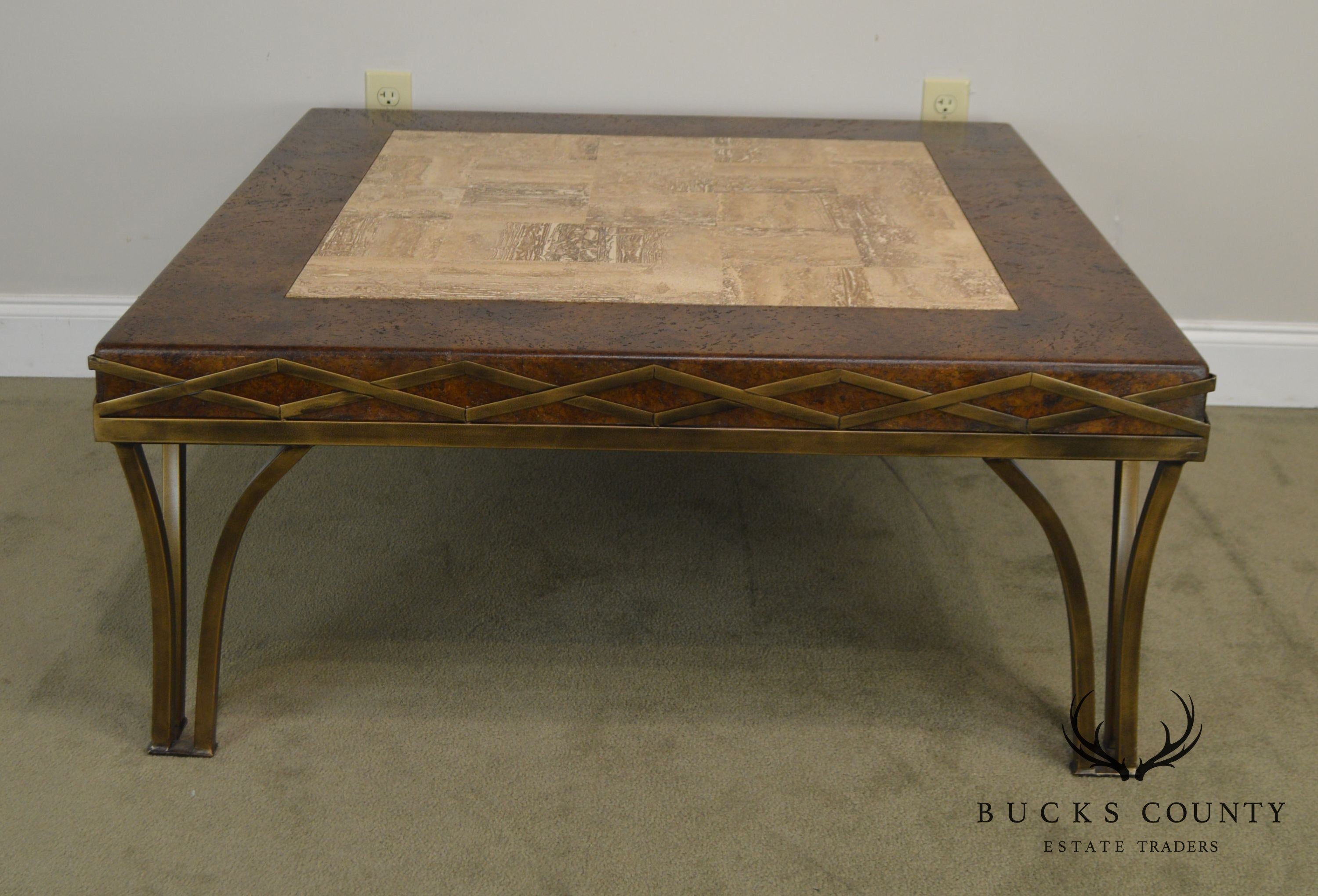 Iron Square Coffee Table with Cork & Tessellated Travertine Top