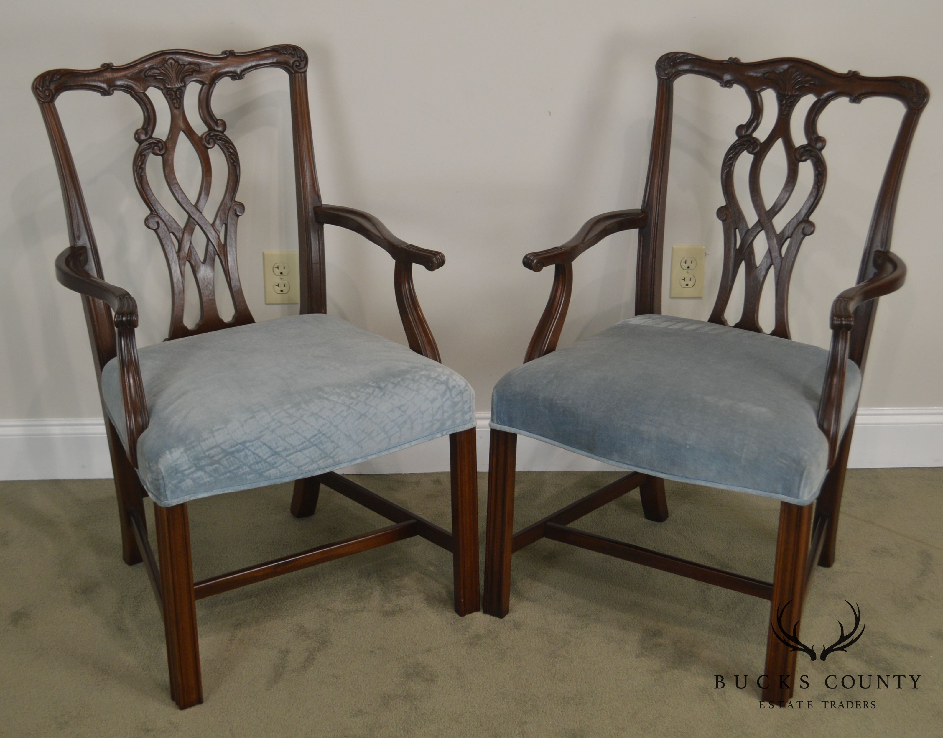 Chippendale Style Custom Quality Pair Mahogany Arm Chairs