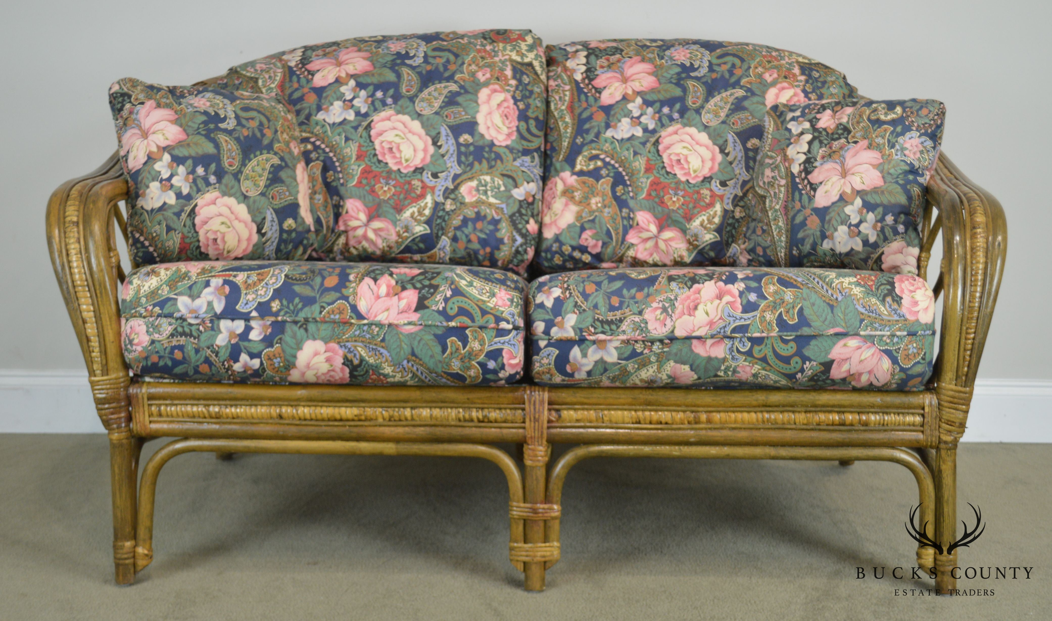 Quality Rattan Pair Curved Back Loveseats with Custom Floral Upholstered Cushions