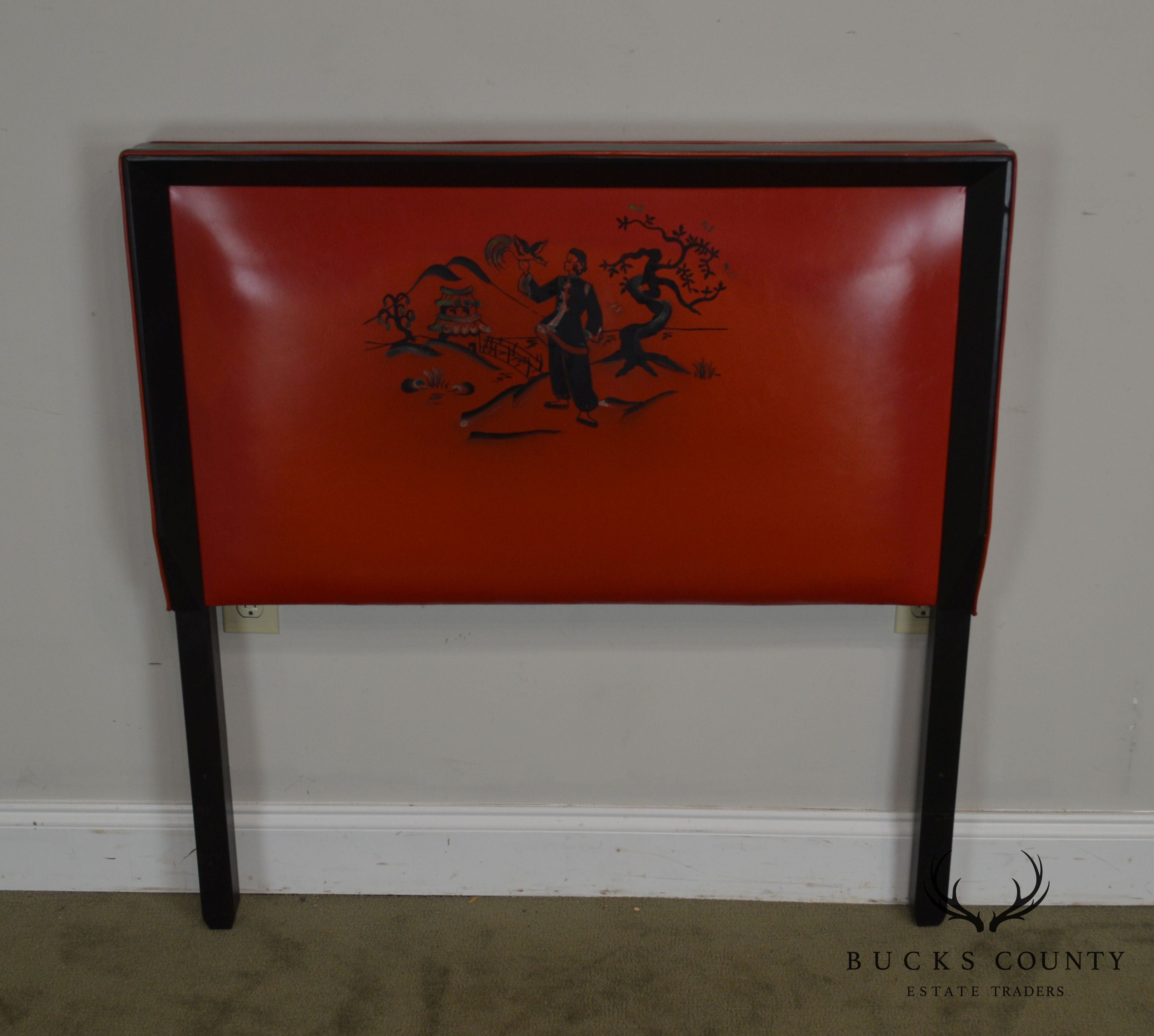 Mid Century Asian Influenced Red & Black Vinyl Twin Headboard