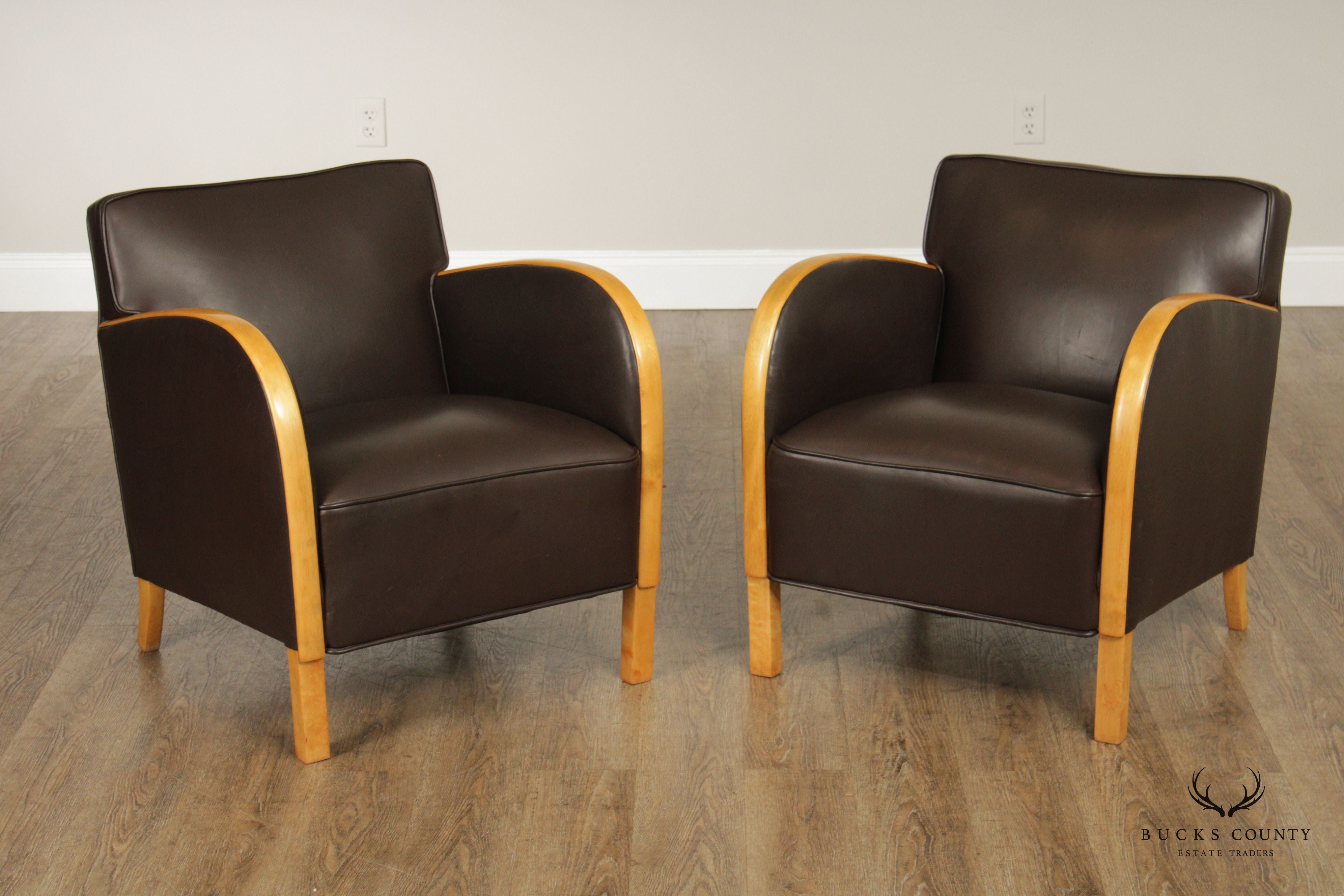 Art Deco Style Pair of Leather and Maple Club Chairs