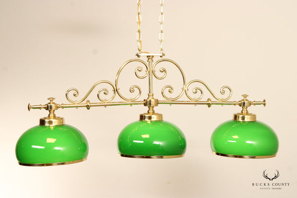 Vintage Brass Billiard Pendant Light with Green Glass Shades