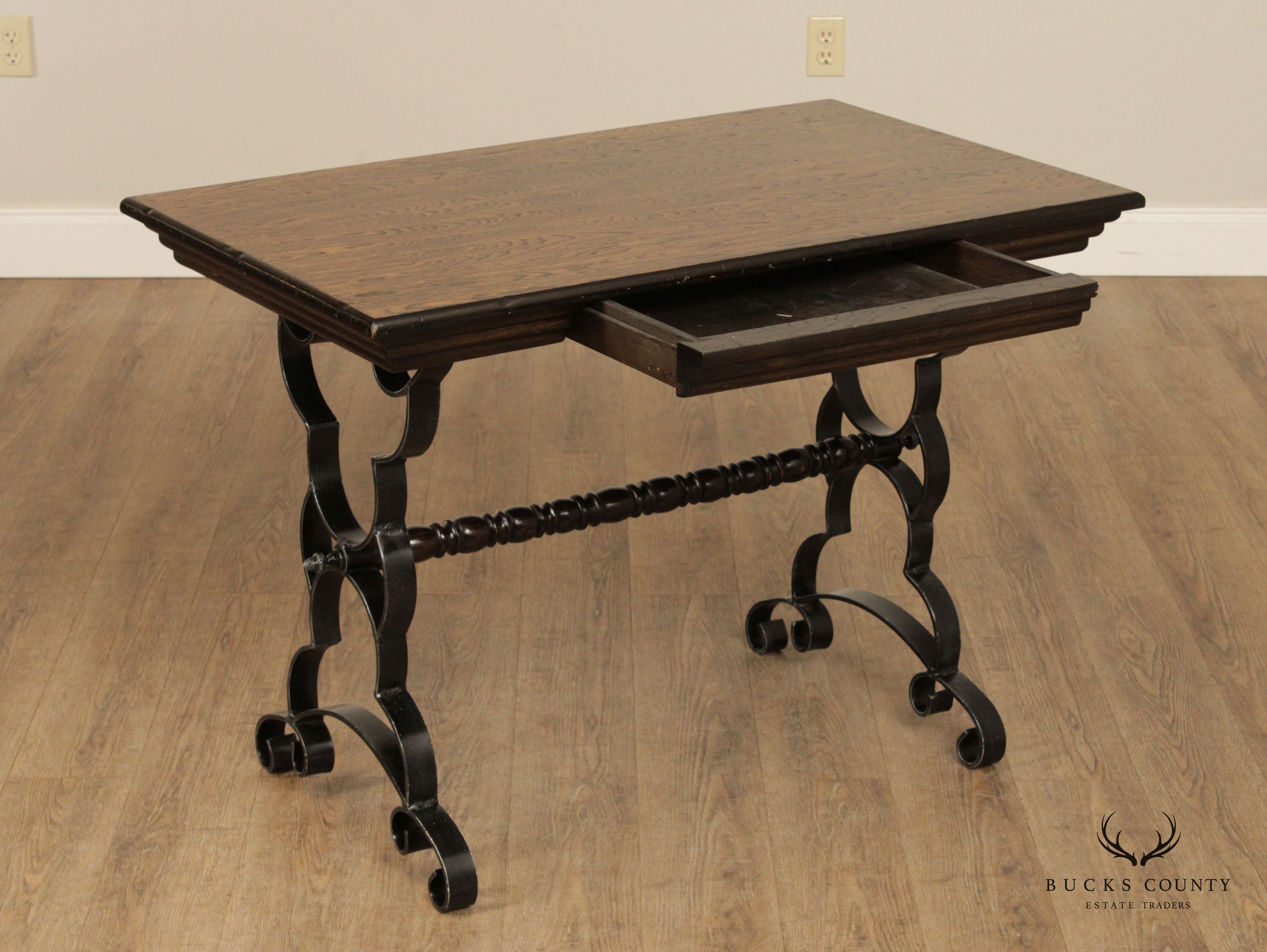 Spanish Revival Vintage Wrought Iron & Oak Trestle Table