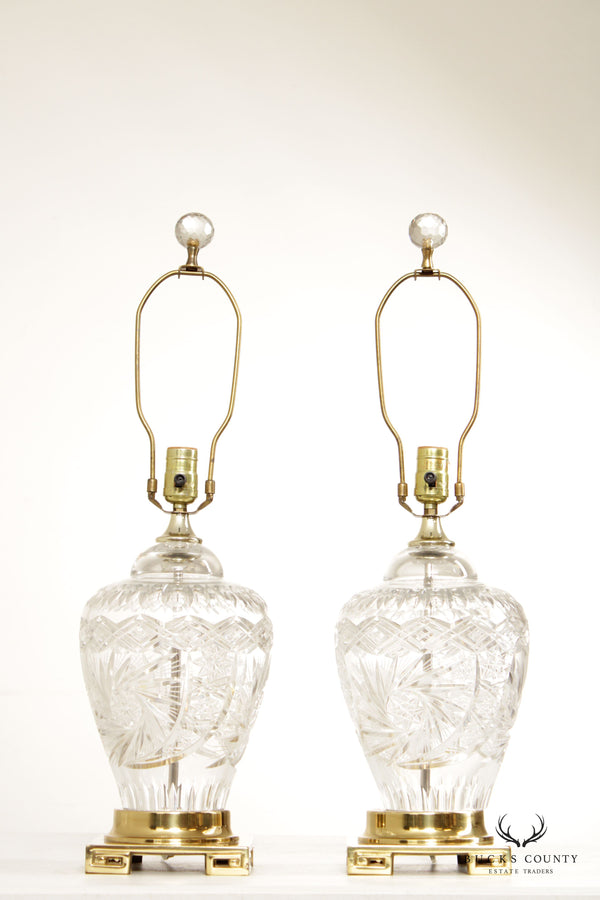 Vintage Pair of Brass and Cut Glass Vasiform Table Lamps