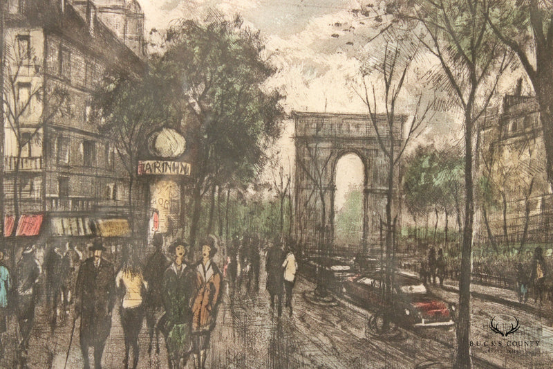 Vintage 20th C. 'Paris' Street Scene Colored Etching, Custom Framed
