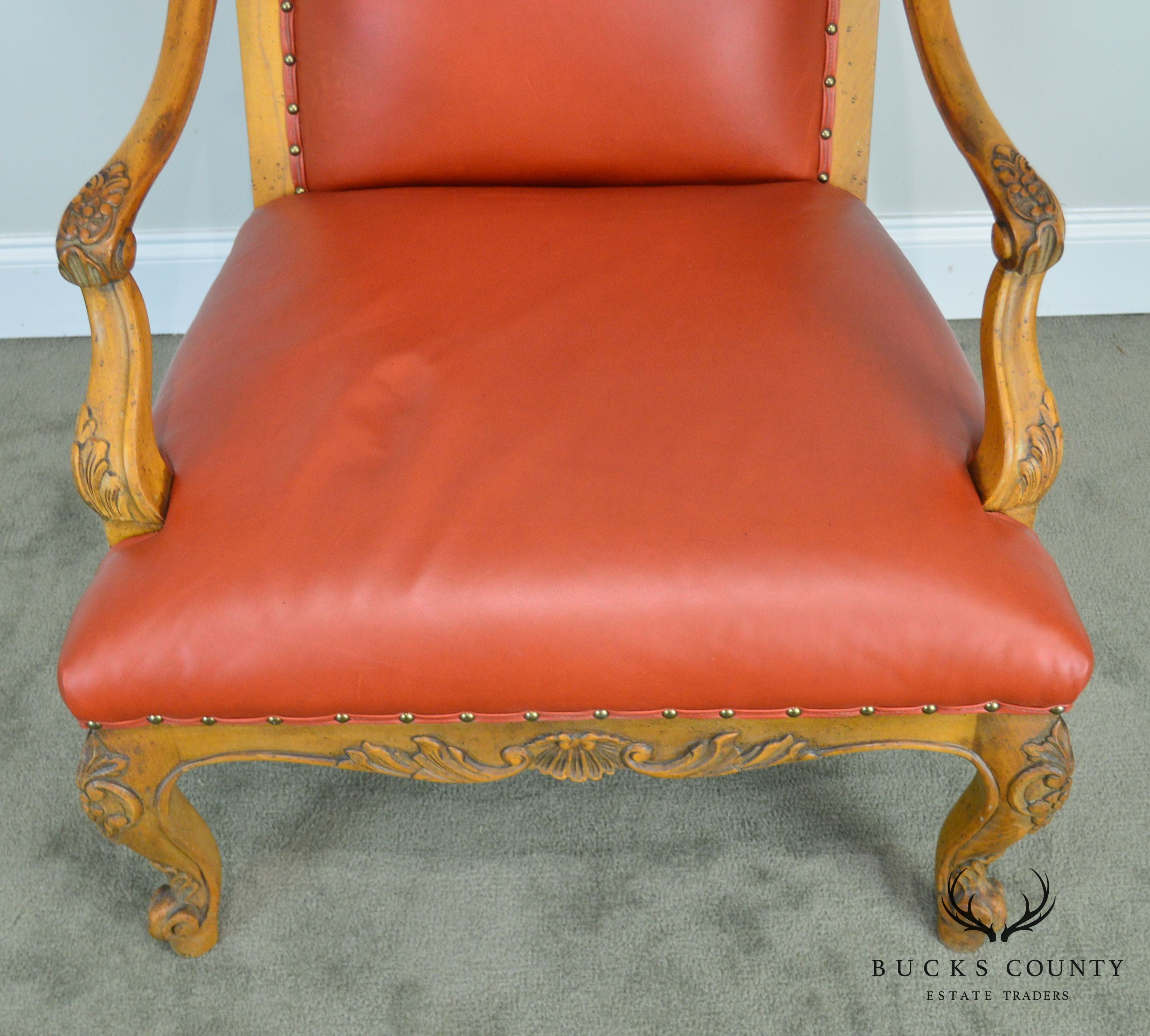 Baker Vintage French Louis XV Style Large Leather Fautevil Arm Chair