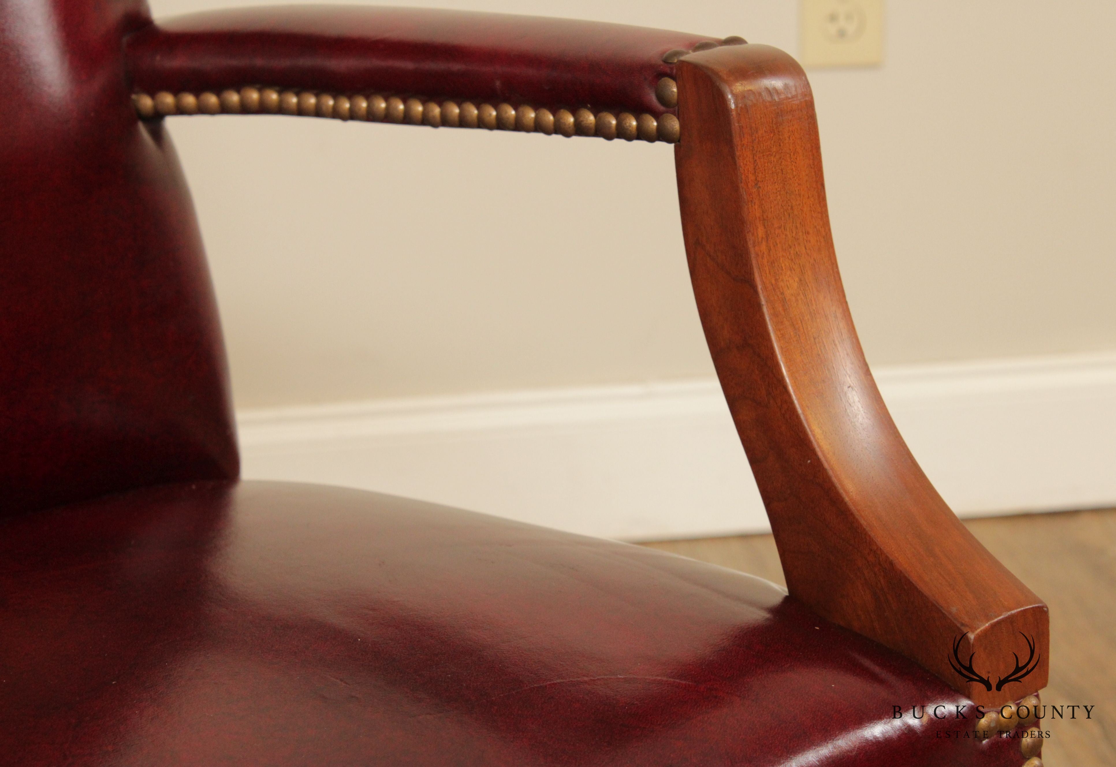 Chippendale Style Pair Mahogany Oxblood Leather Library Armchairs