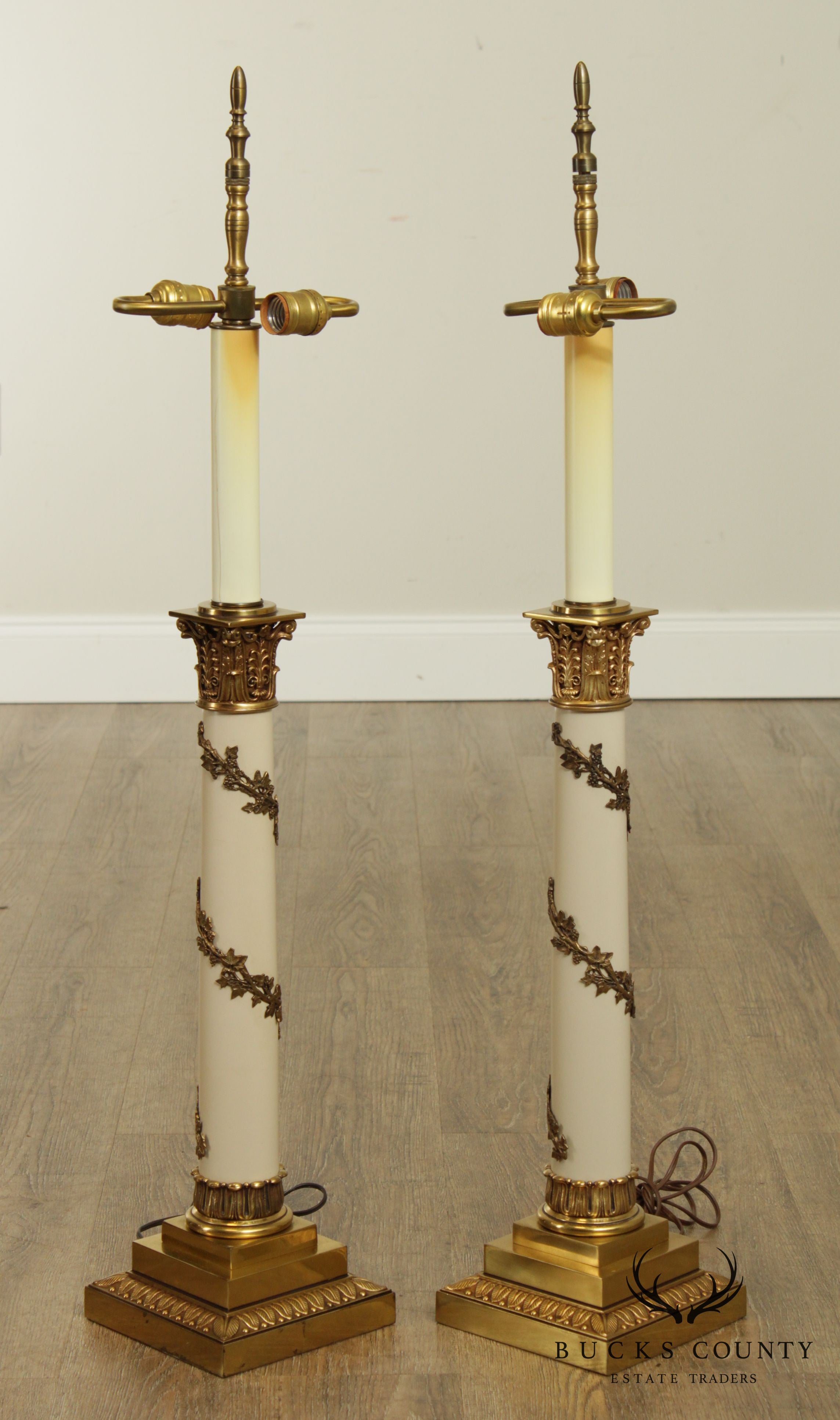 Stiffel Neo-Classical Style Pair Ivory Lacquered And Brass Column Table Lamps