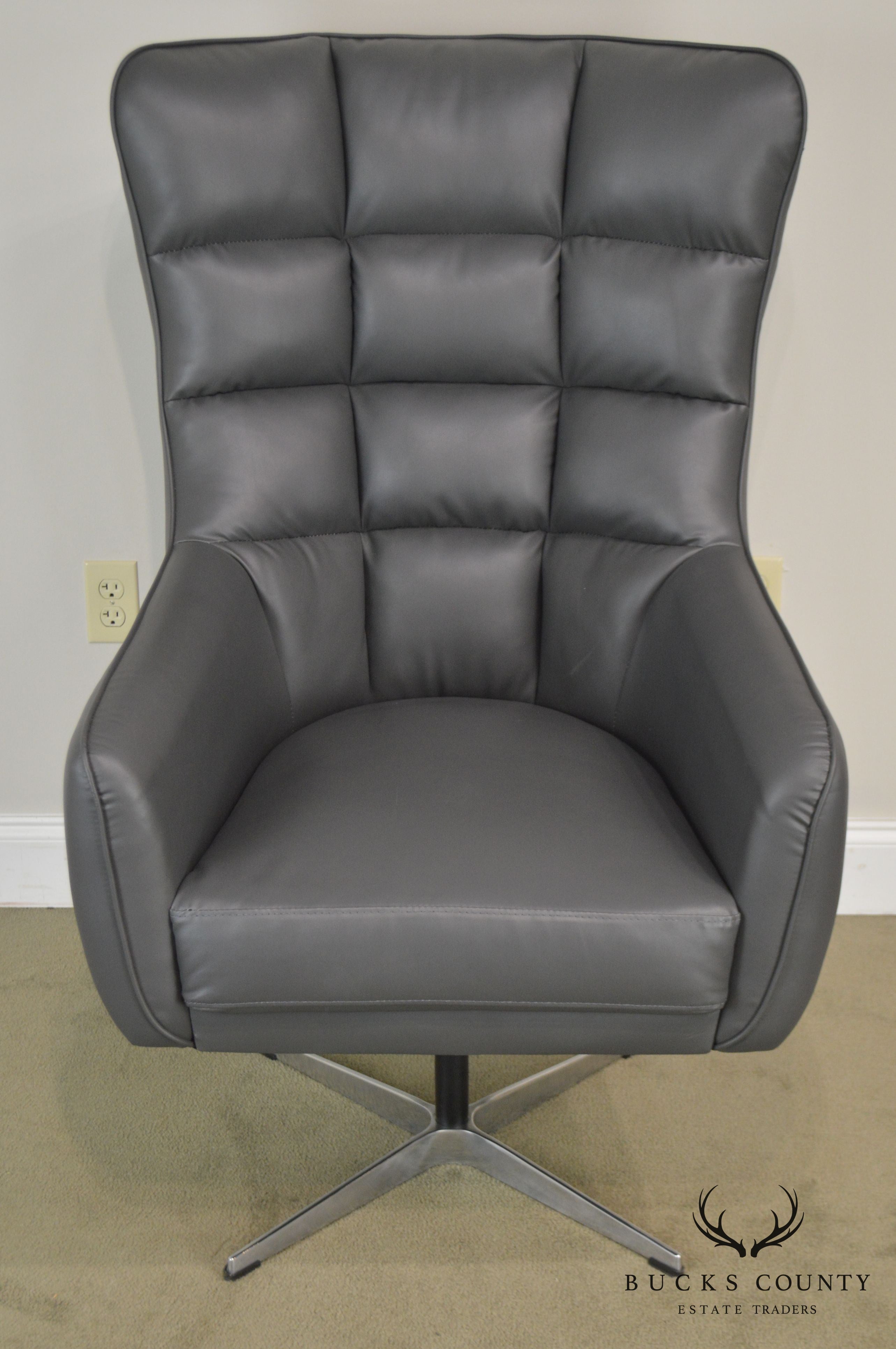 Mid Century Modern Style Grey Faux Leather Swivel Chrome Base Chair