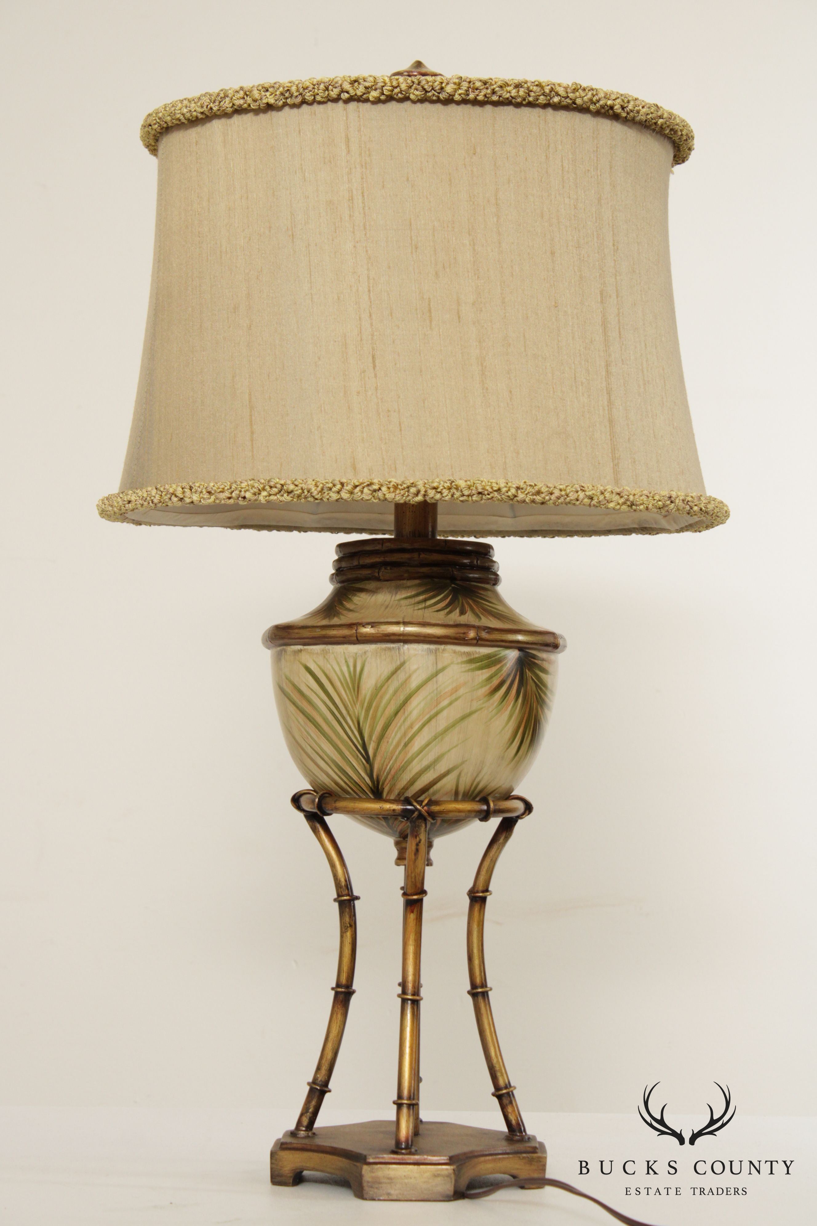 Vintage Tropical Palm Table Lamp with Silk Shade