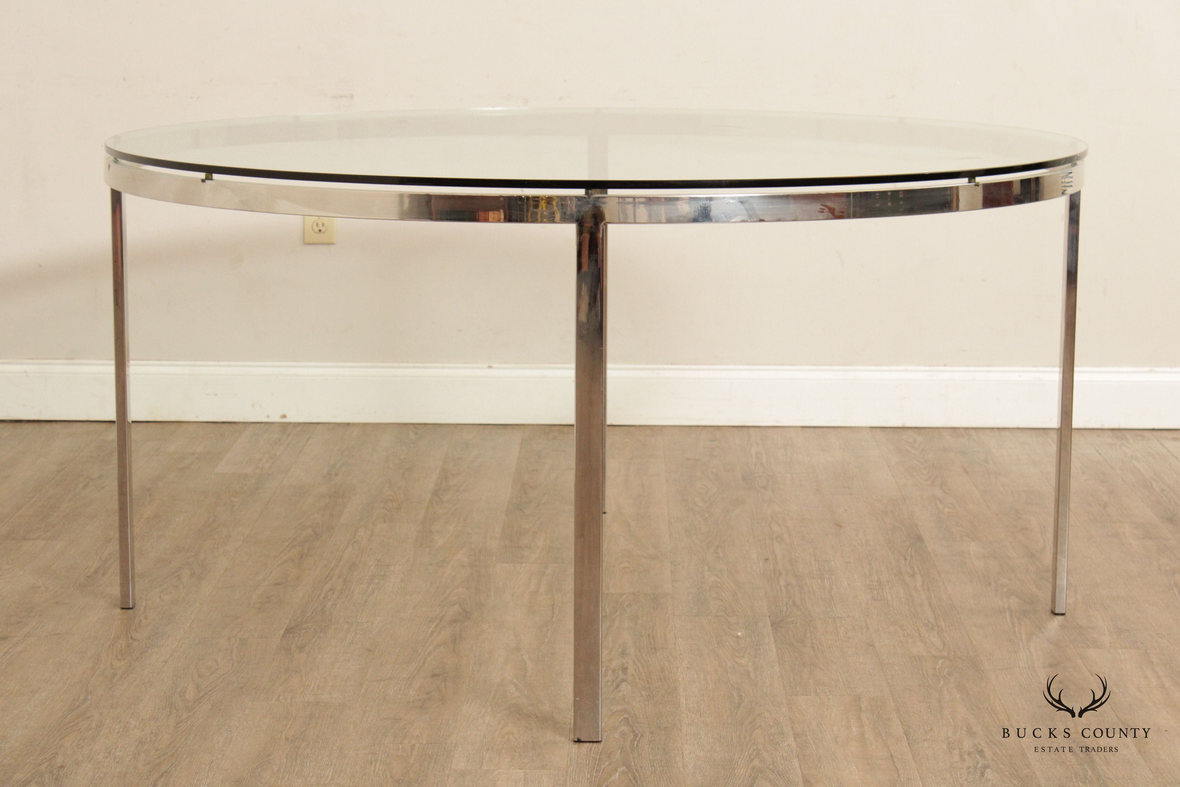 1970s Post Modern Chrome Glass Top Round Dining Table