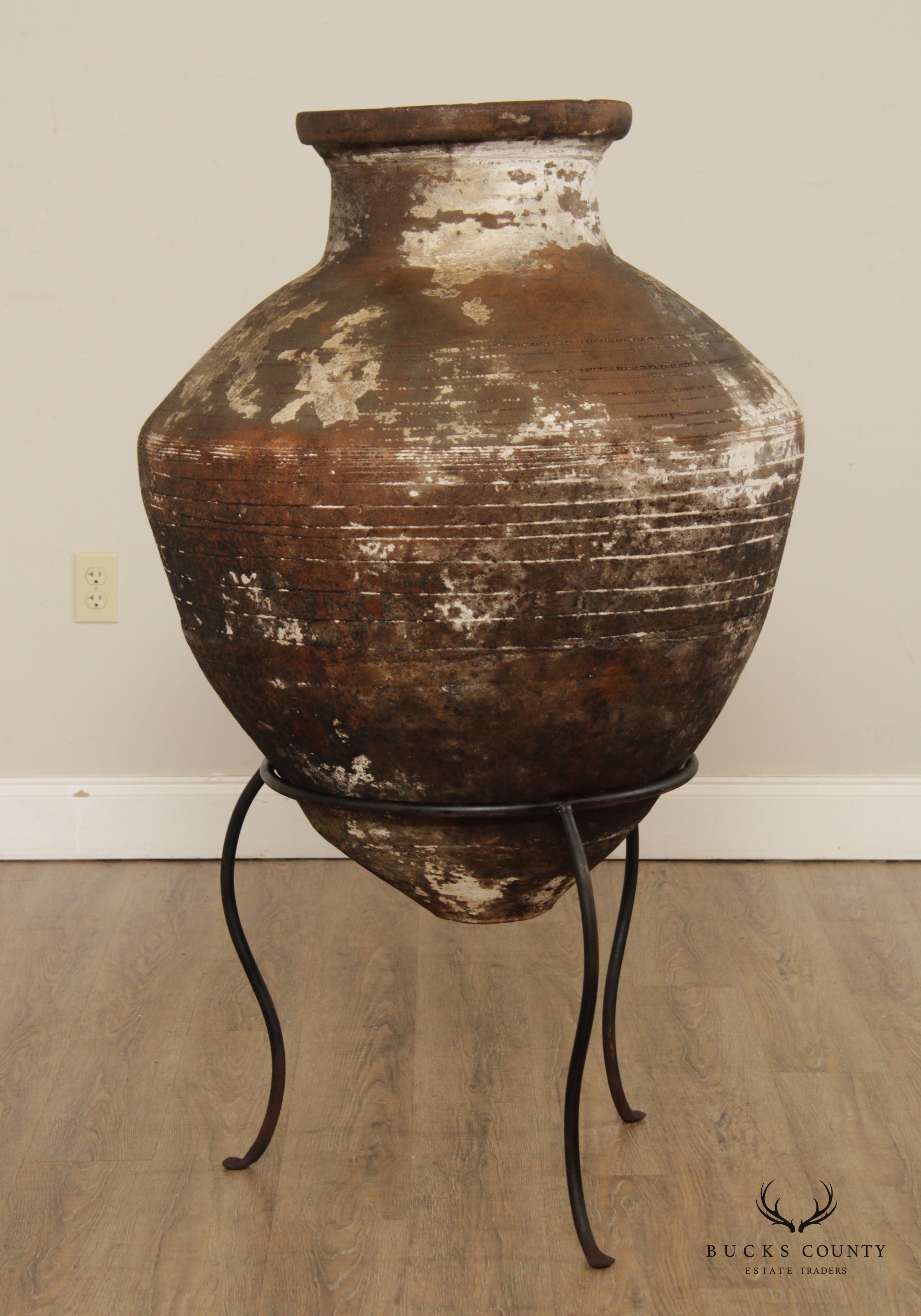 Antique Mediterranean Large Terra Cotta Amphora Floor Vase on Stand