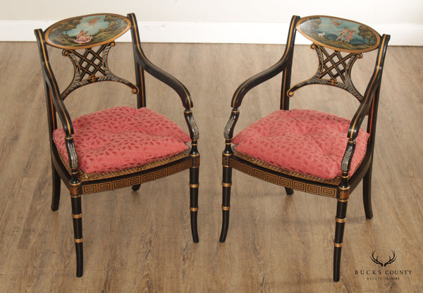 Regency Style Pair of Paint Decorated Caned Seat Armchairs