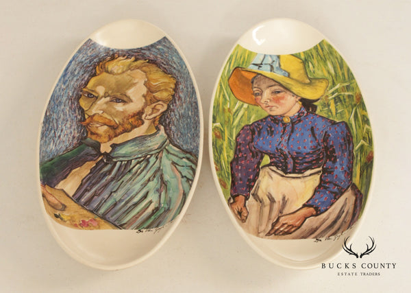 Vintage Italian Hand Painted Pair of Porcelain Wall Plaques After Vincent Van Gogh