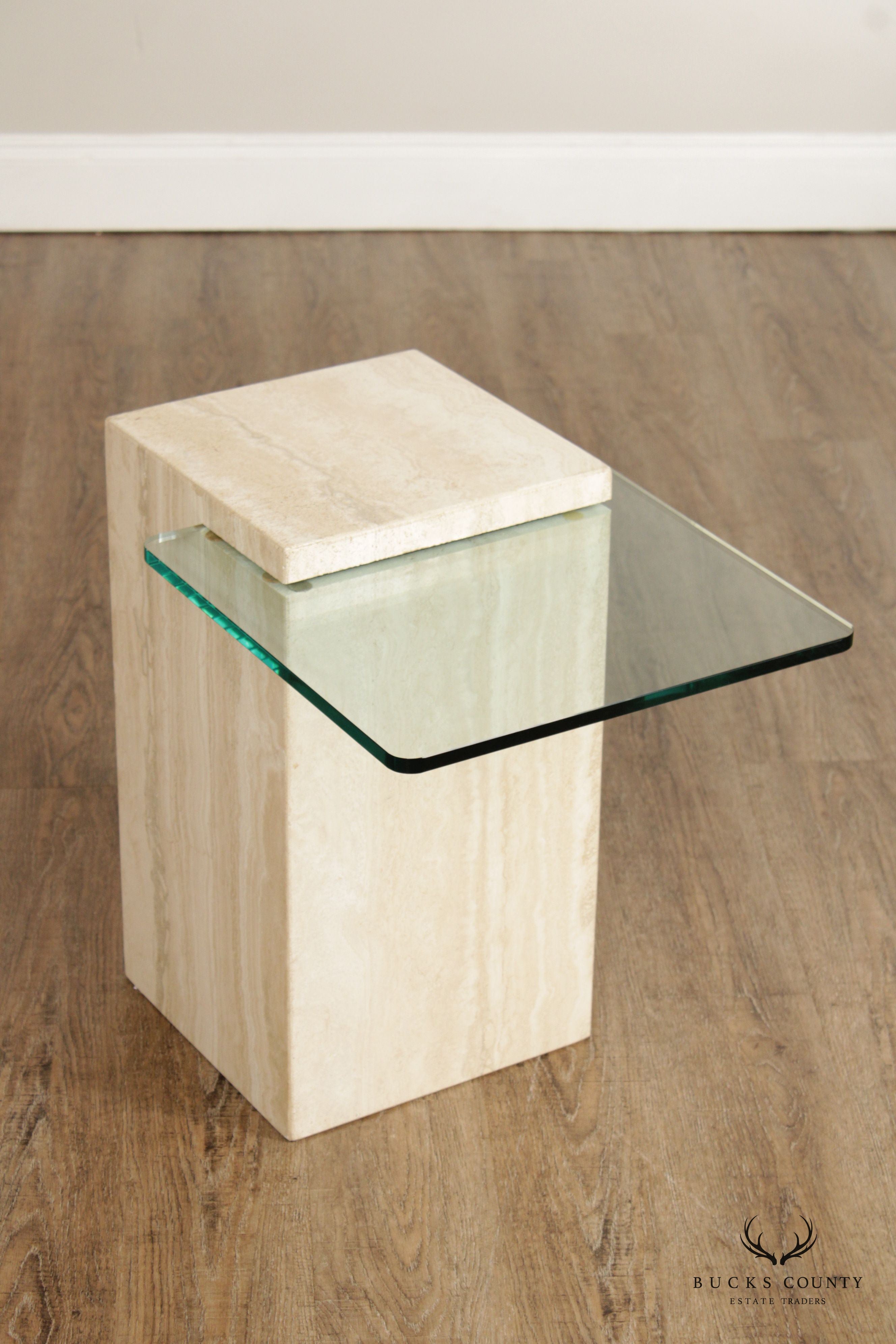 Post Modern Cantilevered Glass and Travertine Side Table