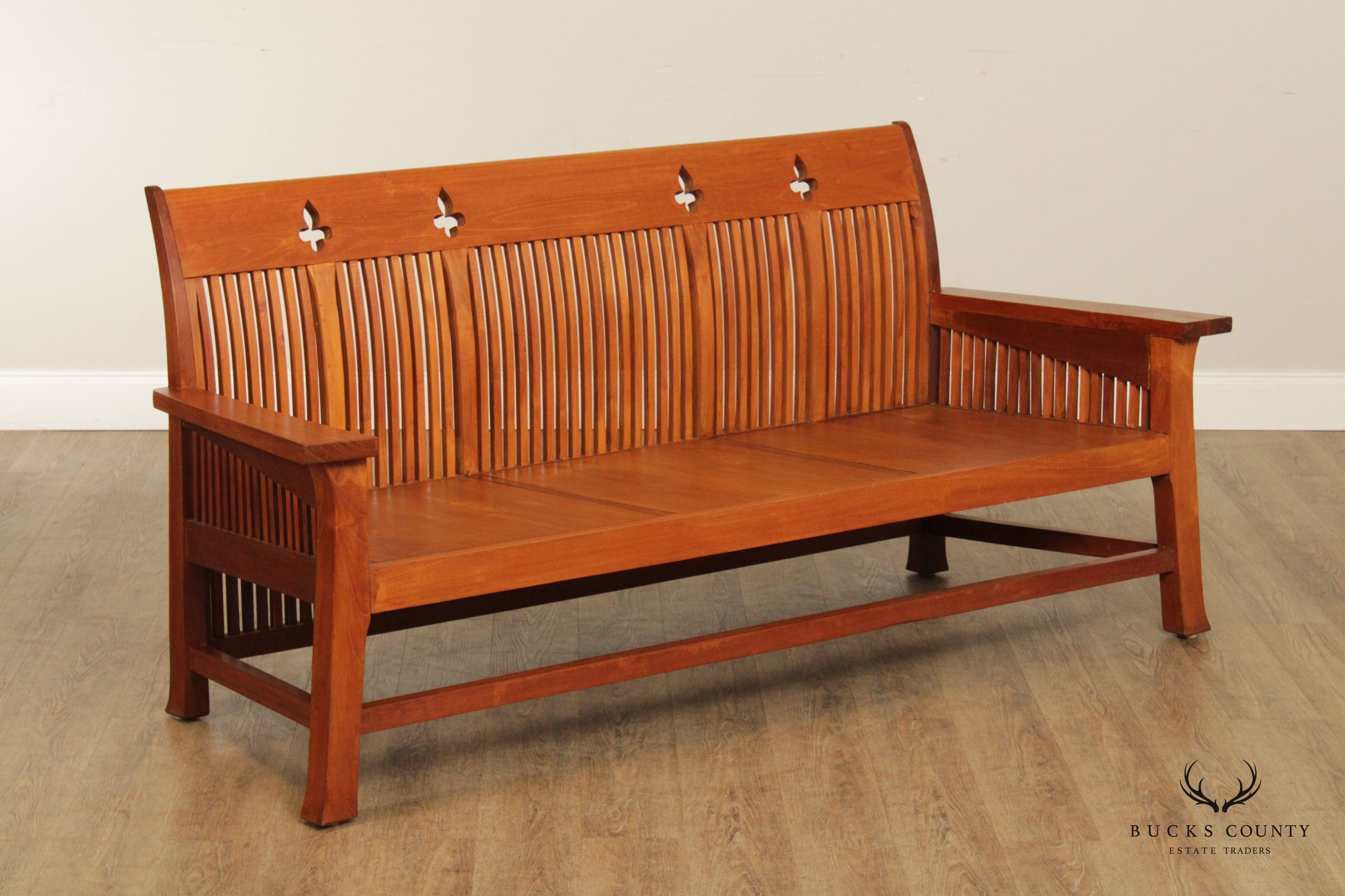 Arts & Crafts Style Long Teak Spindle Bench