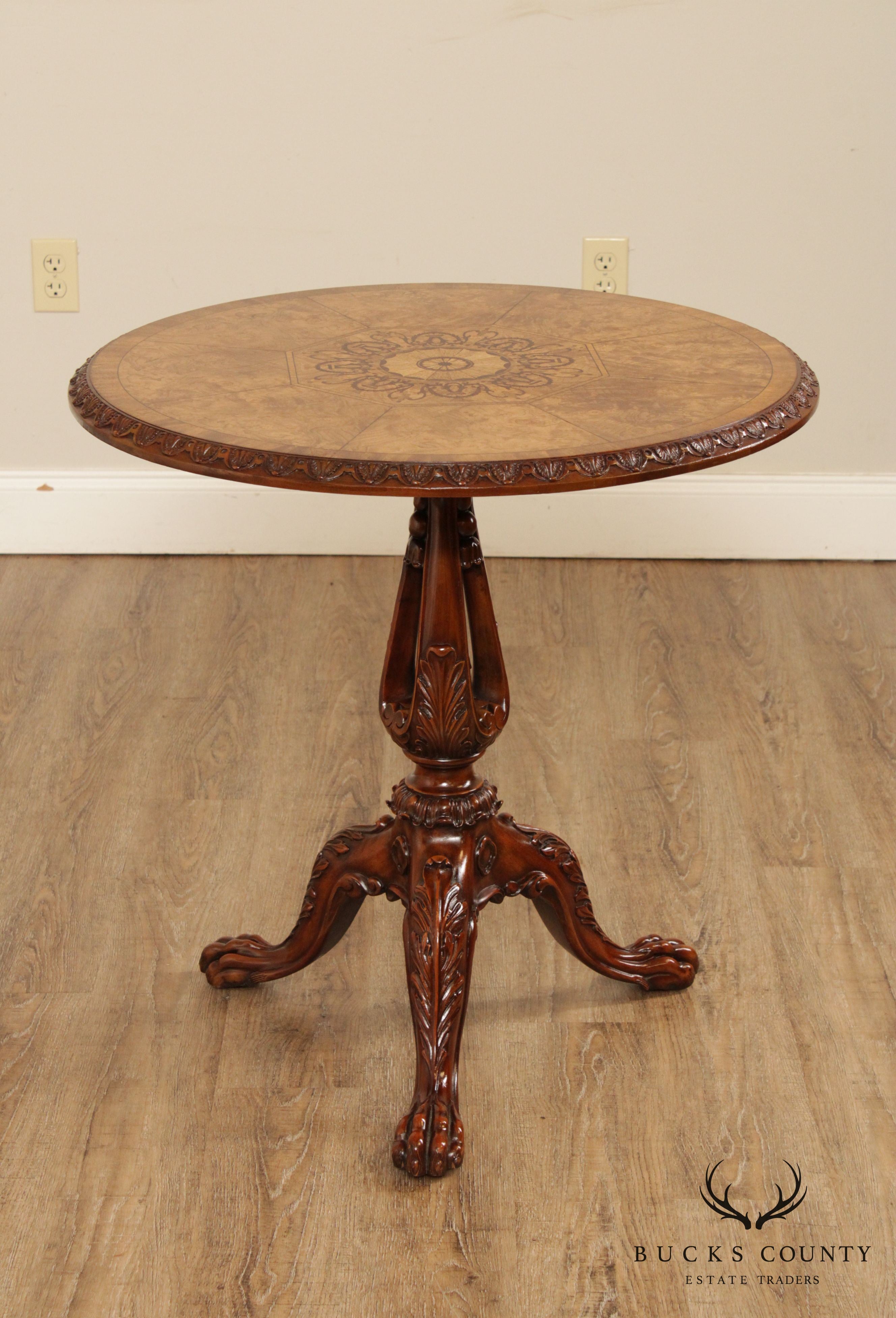 Maitland Smith Georgian Style Carved Mahogany, Round Inlaid Top Side Table