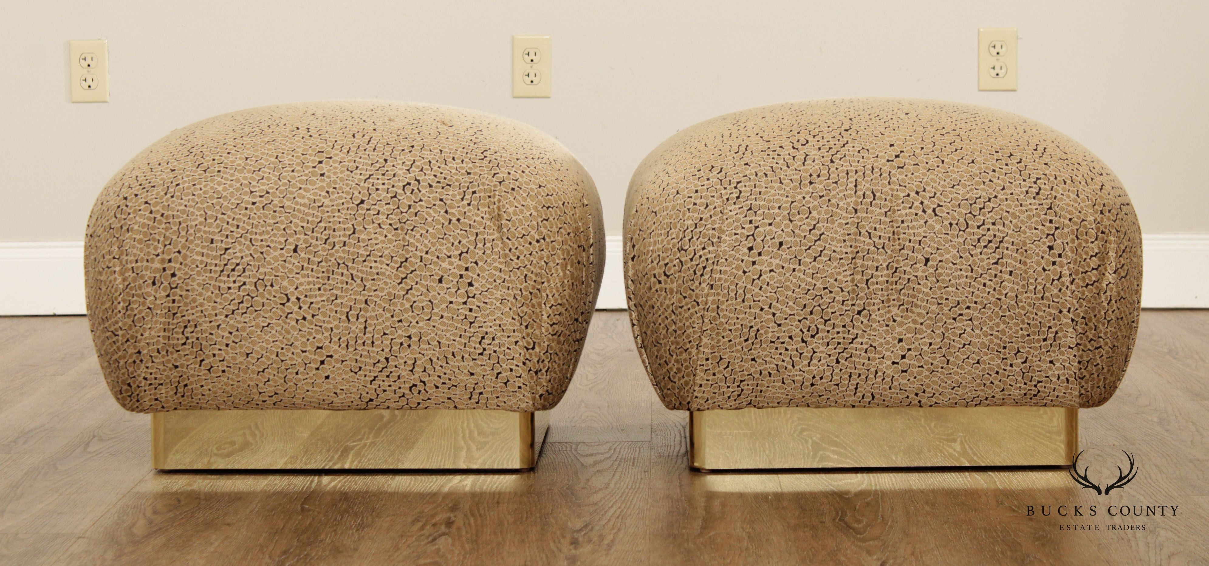 Hollywood Regency Pair Custom Upholstered Brass Ottomans