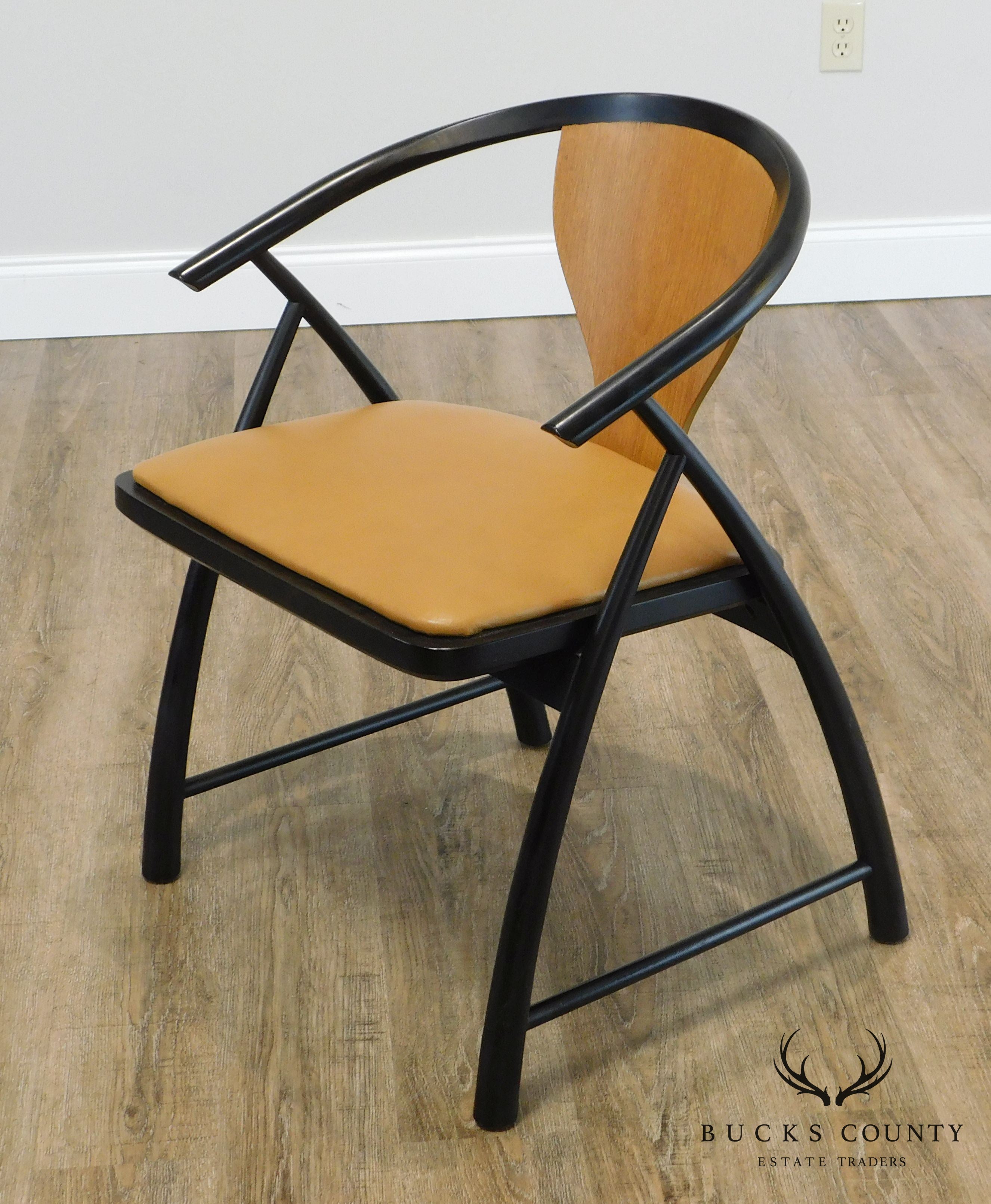 Baker Mid Century Modern Leather Seat Ebonized Armchair Attributed to Tommi Parzinger