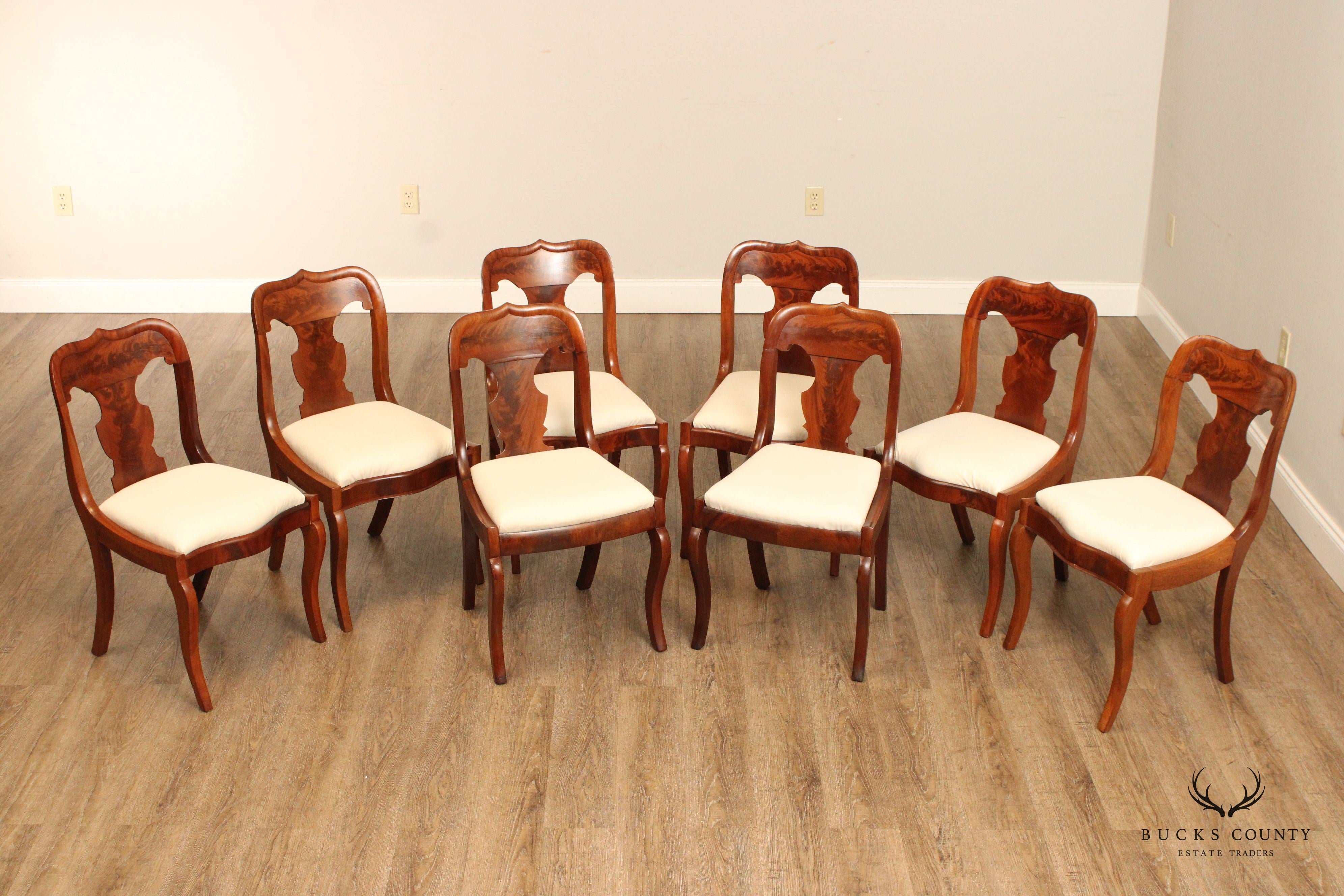 Antique Victorian Gothic Revival Set of Eight Carved Mahogany Dining Chairs